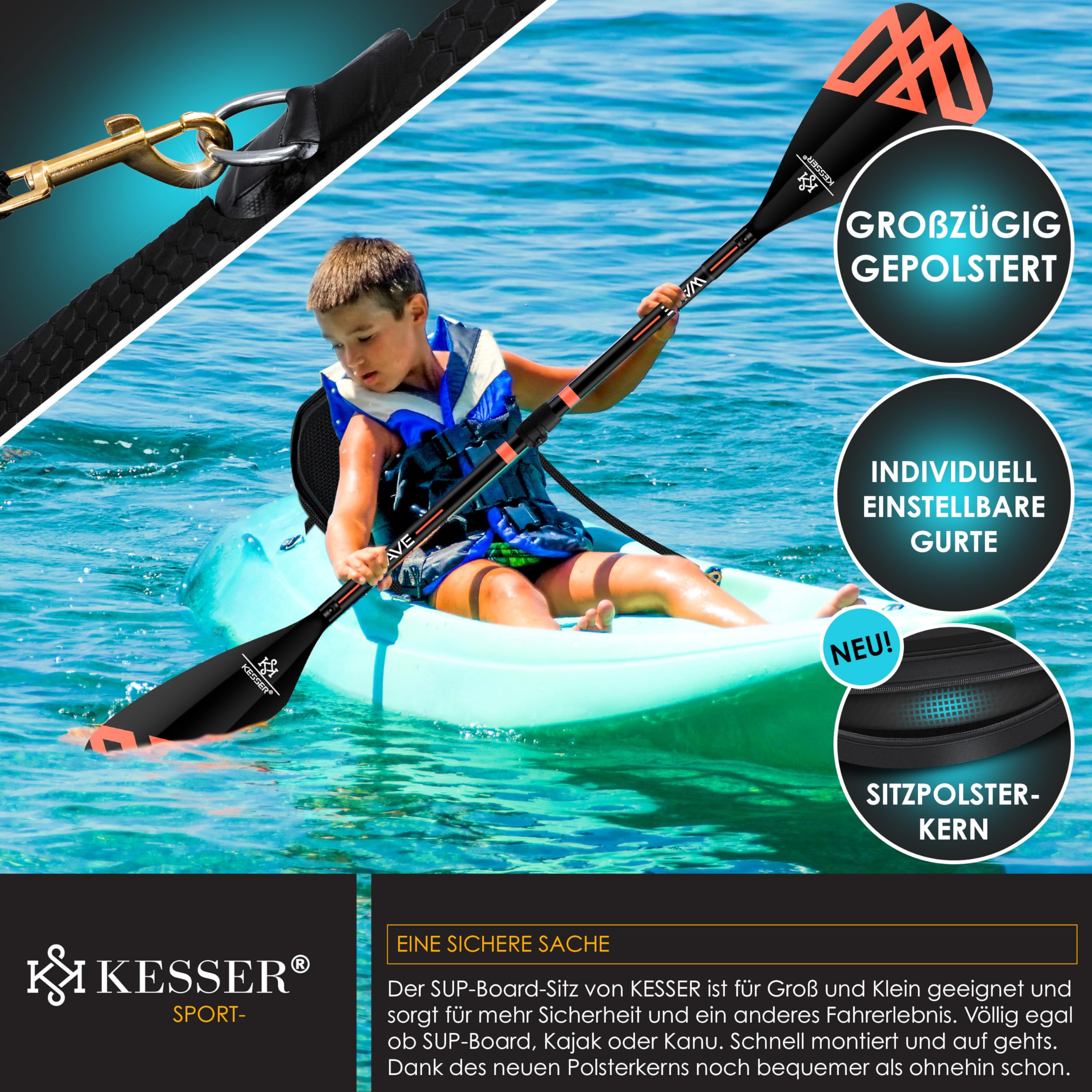 KESSER® Kajak-Sitz Premium für SUP Board Stand Up Paddle Surfboard Sitz - Inkl. Mit Tasche - SUP Paddling Paddelboards Gepolsterte Sitz 32x38cm, Rückenlehne 51x45cm schnell und einfach montiert