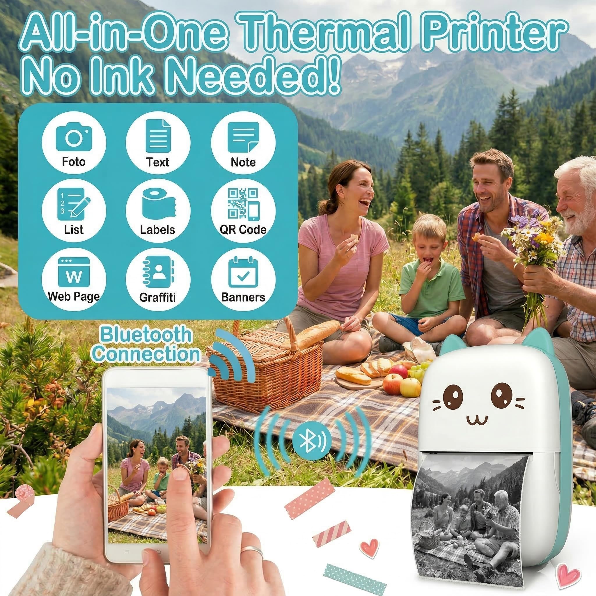 Mini Impresora térmica portátil para móvil con bluethoot. Impresora fotográfica sin Tinta con 1 Rollo de Papel térmico. Mini Printer Infantil Compatible con iOS y Android. Color Azul