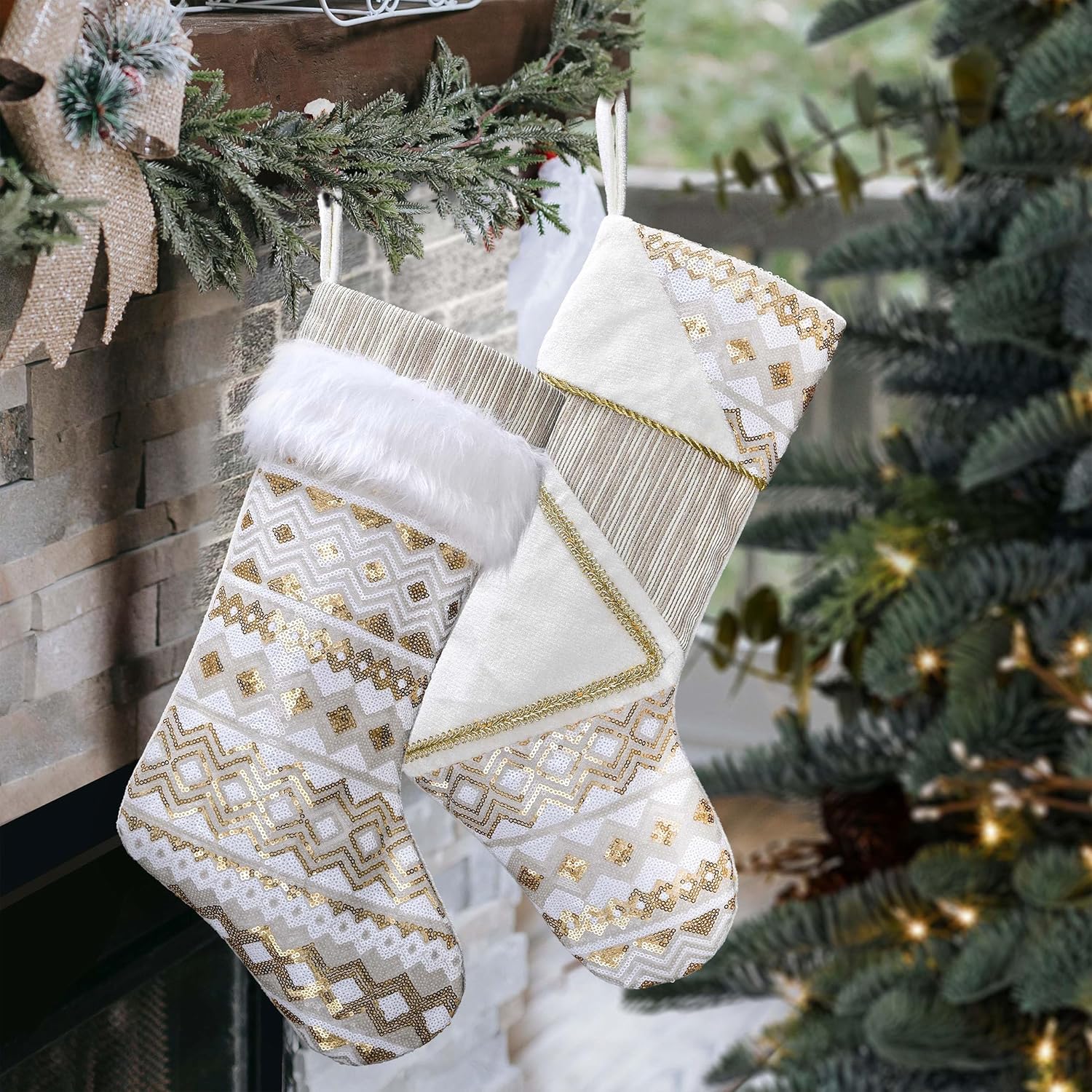 Valery Madelyn Lighted Christmas Angel Tree Topper with Timer&Christmas Stockings Decorations, 21 Inch Fabric 2 Pack White Gold Corrugation Exquisite（2 Items Buddle