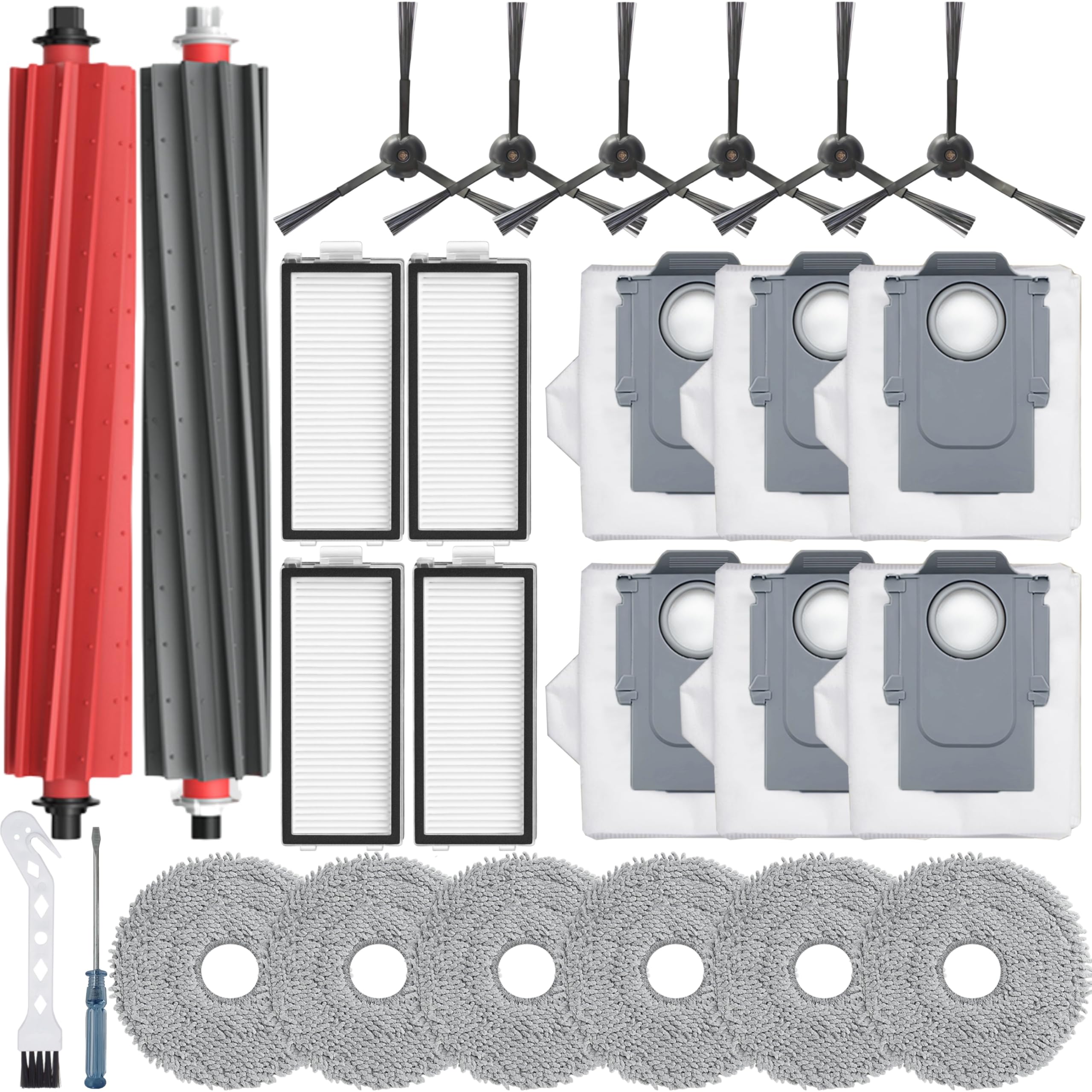 26Pcs Accessories Kit,Compatible with Roborock Qrevo Master/Qrevo Slim Robot Vacuum 2 Roller Brush,6 Mop Pads,4 Hepa Filters,6 Side Brush,6 Vacuum Bags,Master Replacement Parts