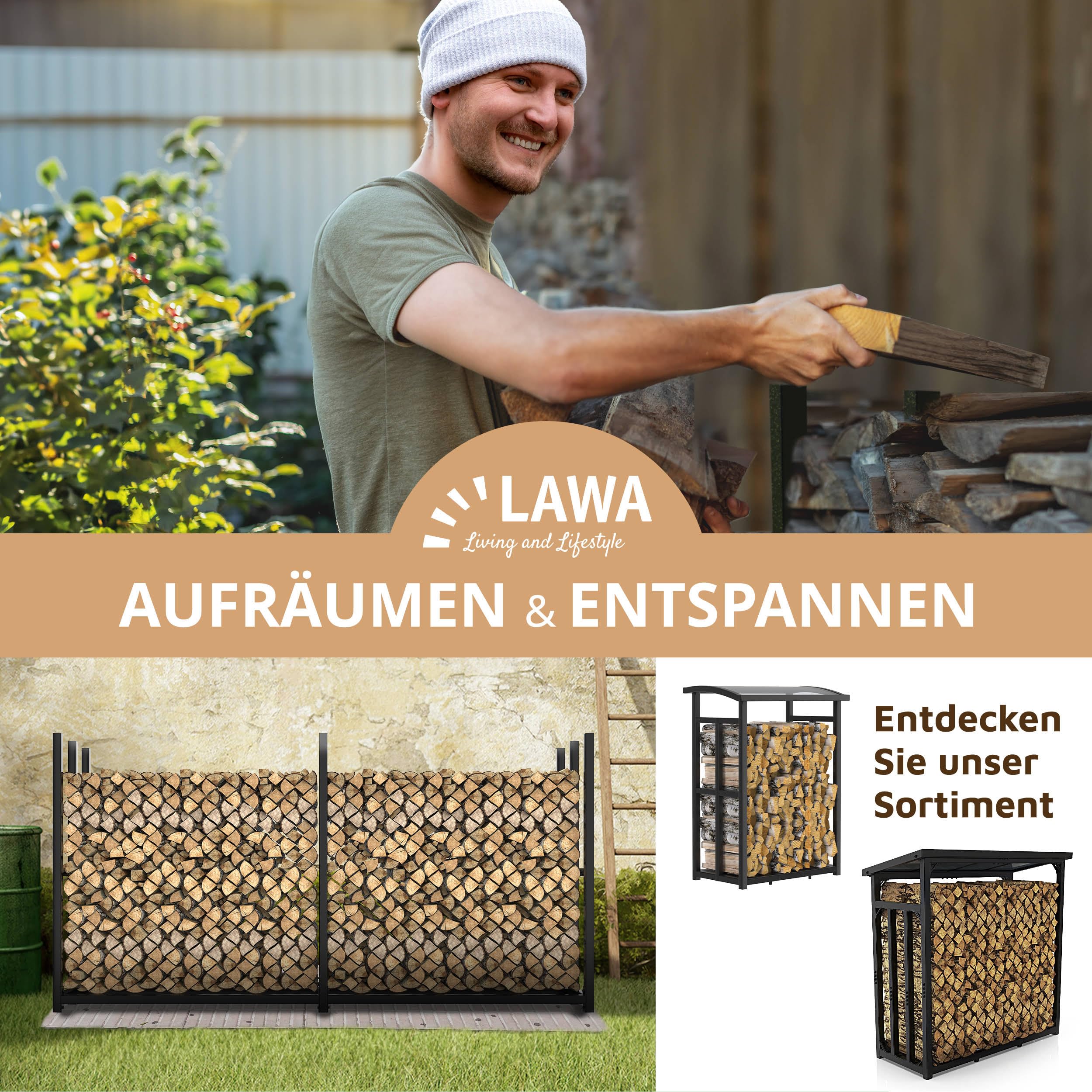 LAWA Kaminholzregal Metall verzinkt 223x50x115 cm schwarz | aussen, 61cm Abdeckplane, wetterfest, Feuerholzregal Garten, Stapelhilfe für Brennholz mit Abdeckung, 25cm I 30cm Holzscheite