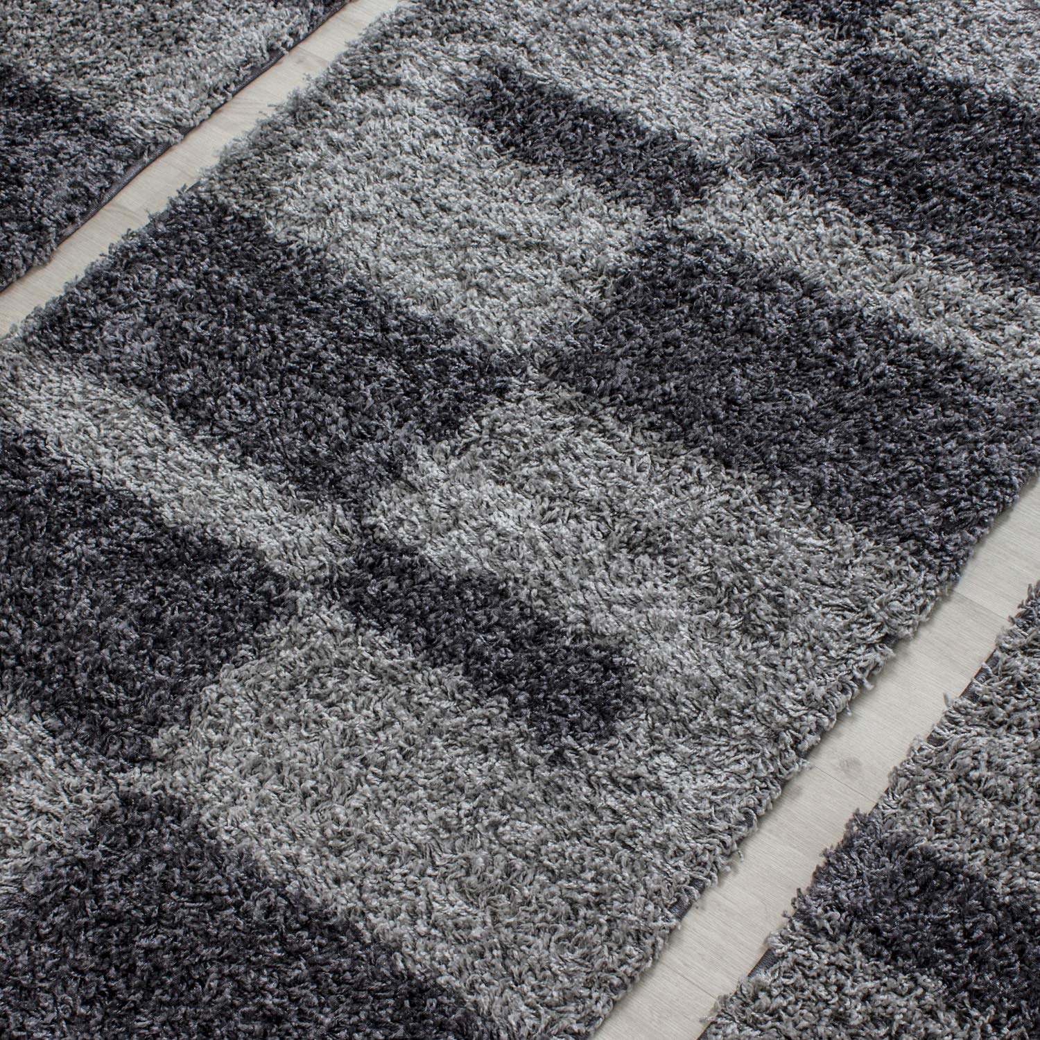 Carpettex Bettumrandung Schlafzimmer 3teilig Shaggy Teppich Hochflor Kariert Design Grau Bettset:2 mal 60x110 + 1 mal 80x250 - Bettvorleger Schlafzimmer Läufer Set Flauschiger Bettumrandung Teppich