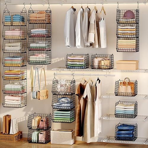 Miniatura 2 de Organizador y almacenamiento plegable de 7 niveles, estantería de armario de alambre con 5 ganchos en S, cesta colgante para ropa, suéteres,