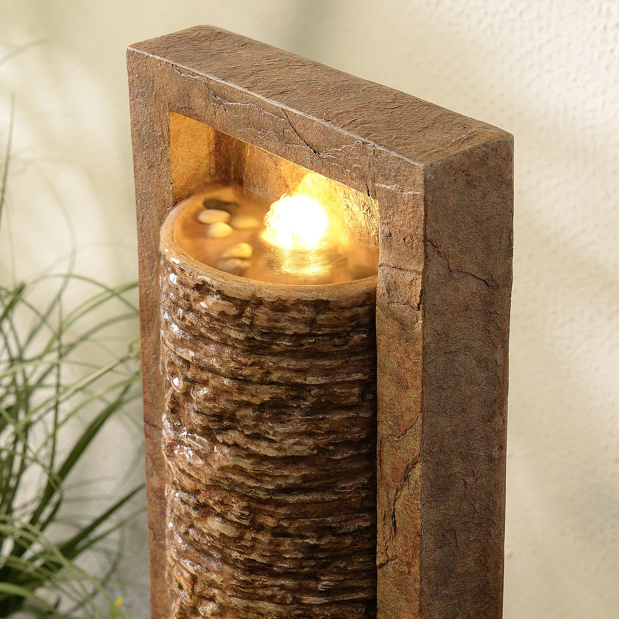 Teamson Home Fontaine de Jardin Haute Cascade exterieure LED Roche superposee Patio Durable Marron