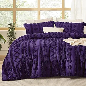 Bedsure Tufted Boho Comforter Set Queen Size - Purple Boho Bed Set, GentleSoft™ 3 Pieces Farmhouse Shabby Chic Embroidery Bedding, Gifts for Woman, Soft Jacquard Queen Comforter for All Seasons
