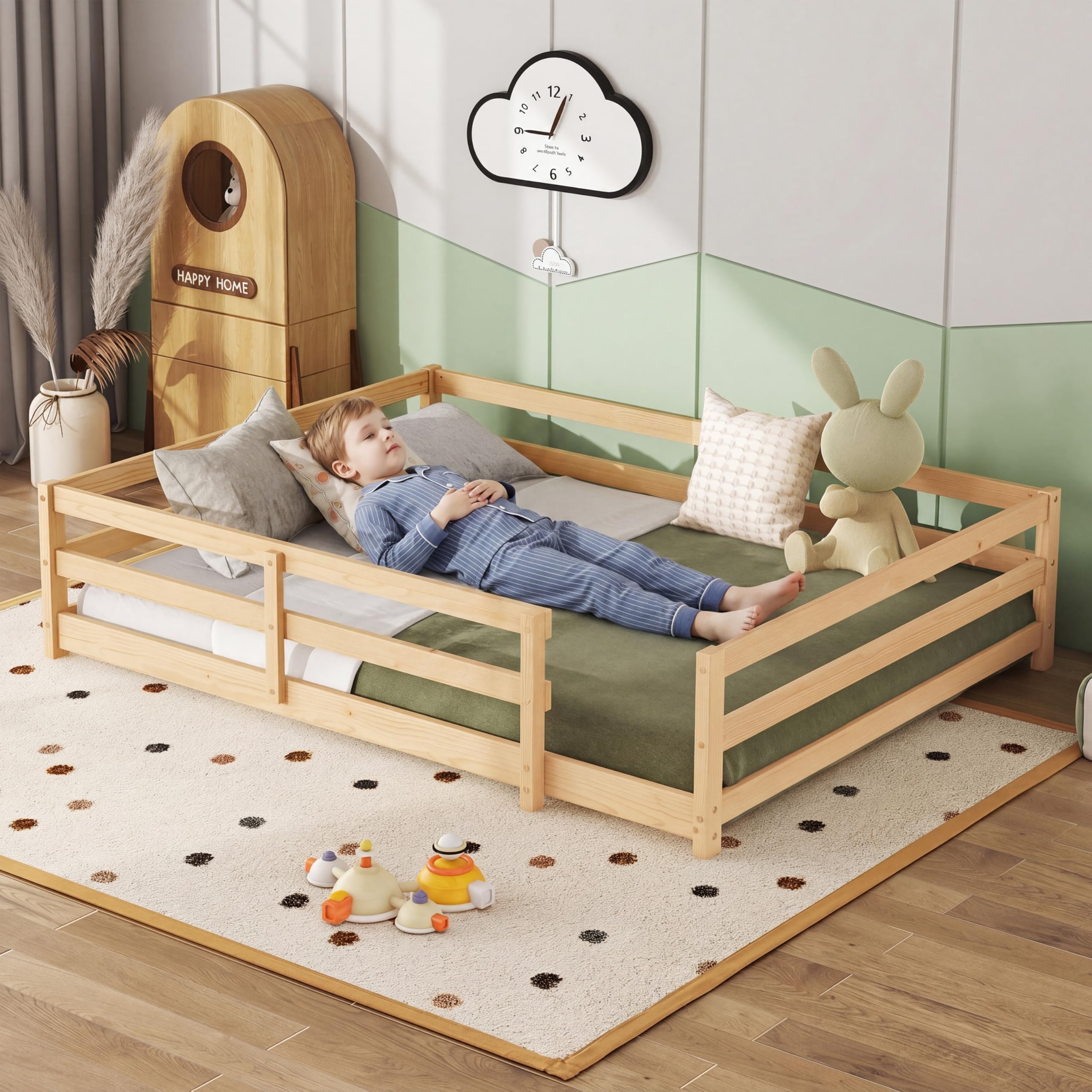 Montessori - Lettino per bambini con bordo, in legno di pino massiccio, profondità 140 x 200 cm, naturale, rete a doghe inclusa