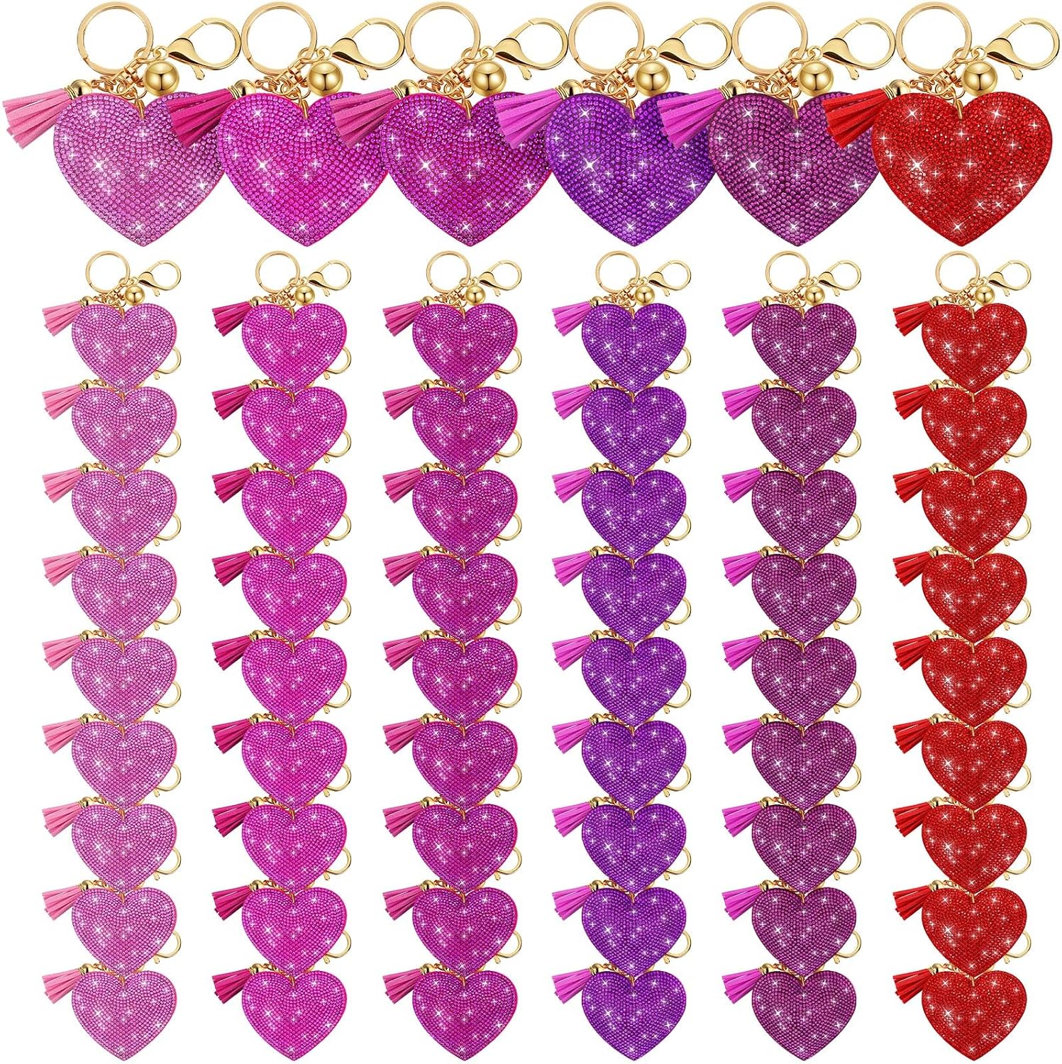 Tondiamo 60 Pcs Heart Keychain Bulk Rhinestone Glitter Charm Key Ring with Tassel Bling Leather Bag Charm for Women