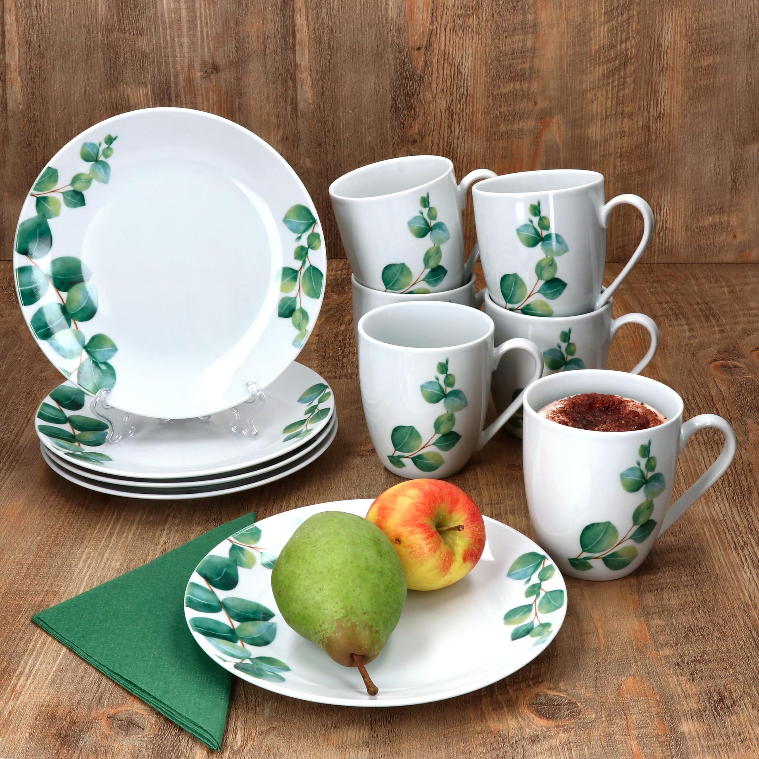 MamboCat Service Combiné Eucalyptus 30 Pièces I Service De Table En Porcelaine Blanche Avec Décor Végétal Vert Pour 6 Personnes I 6 Tasses à Café 180 Ml, Soucoupes, Assiettes à Gâteau, Assiettes