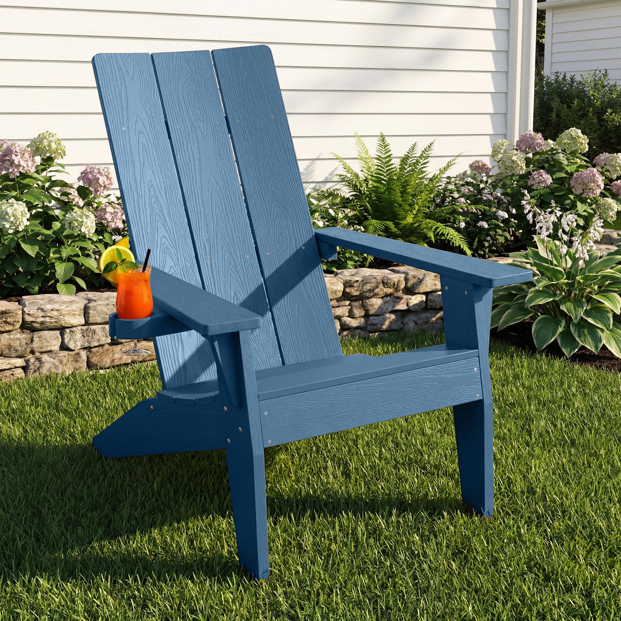 Adirondack Stuhl mit Getränkehalter für Outdoor Garten: Wetterfest Adirondack Chair Kunststoff HIPS - Ergonomisch Adirondack Relaxsessel Outdoor Stuhl für Balkon/Feuerstelle/Terrasse/Beach(Navy)