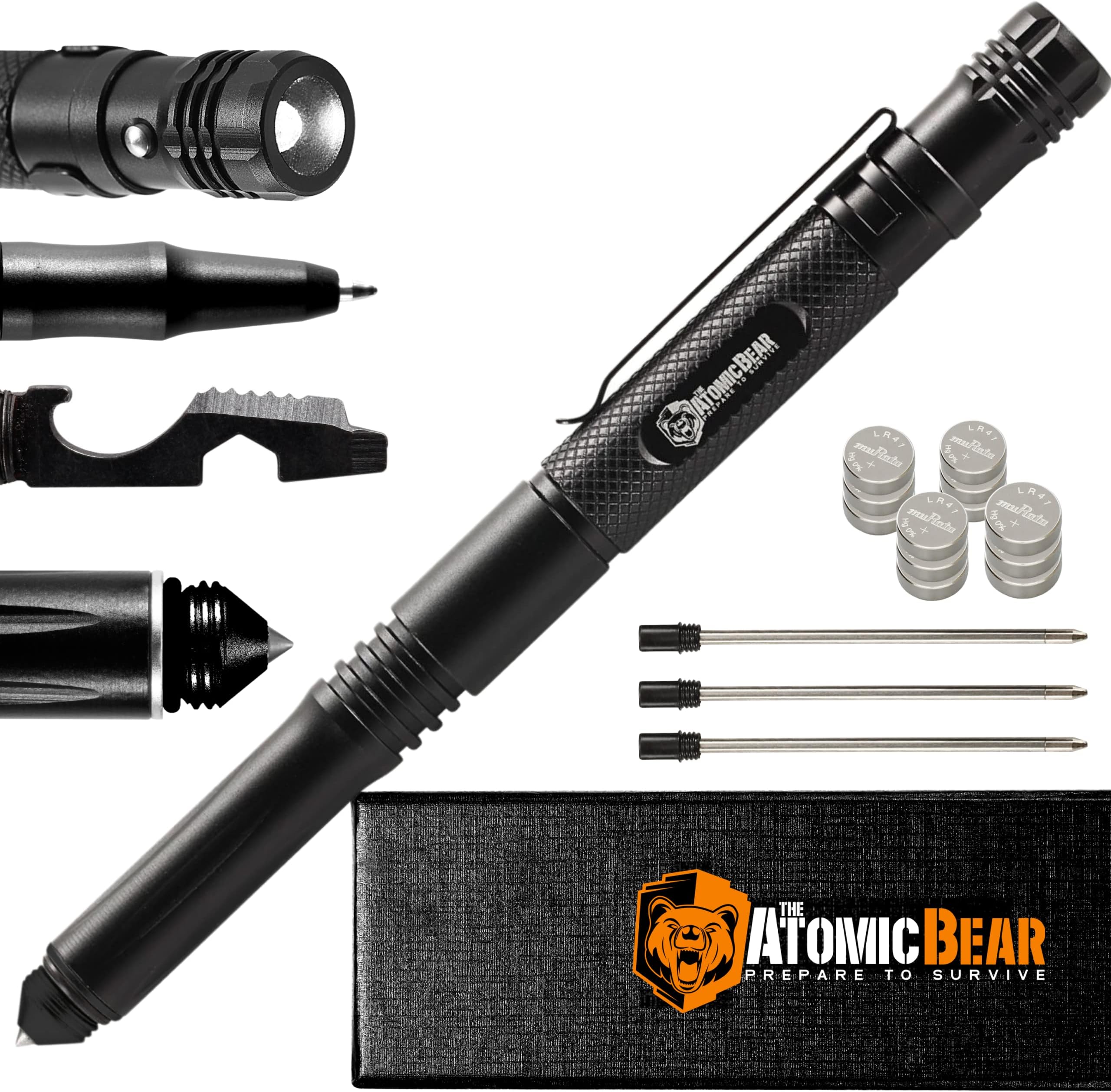 Tactical Pen – Self Defense Pen & Multi-tool Pen - Flashlight Survival Pen for Men & Women - Tactical Gear & Gift - Military EDC Pen + Glass Breaker + Bottle Opener – 3 Ink Refills + 12 Batteries