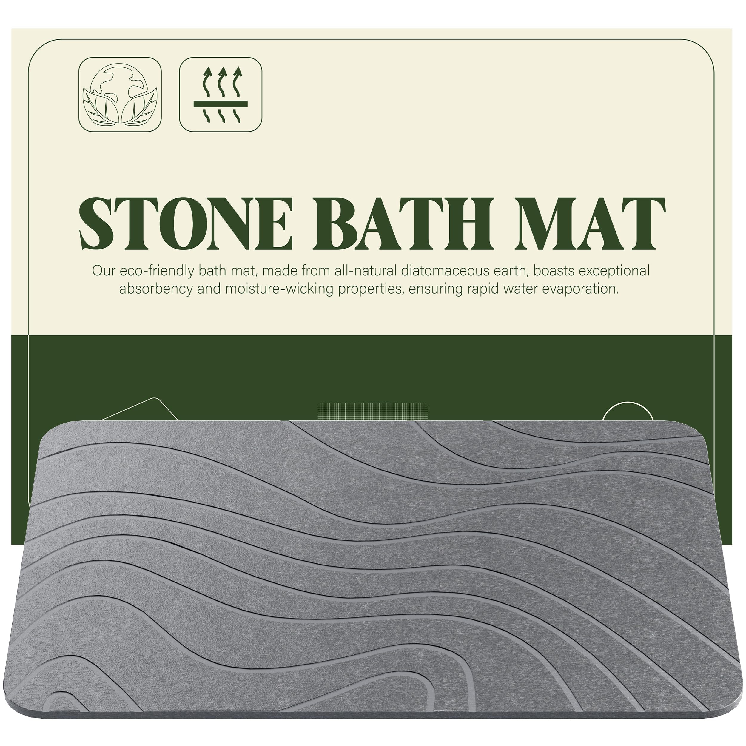 Stone Bath Mat, Diatomaceous Earth Bath Mat Bathmat, Non Slip Super Absorbent Quick Drying Diatomite Stone Bath Shower Mat for Bathroom, 23" x 15", Gray (Curve)