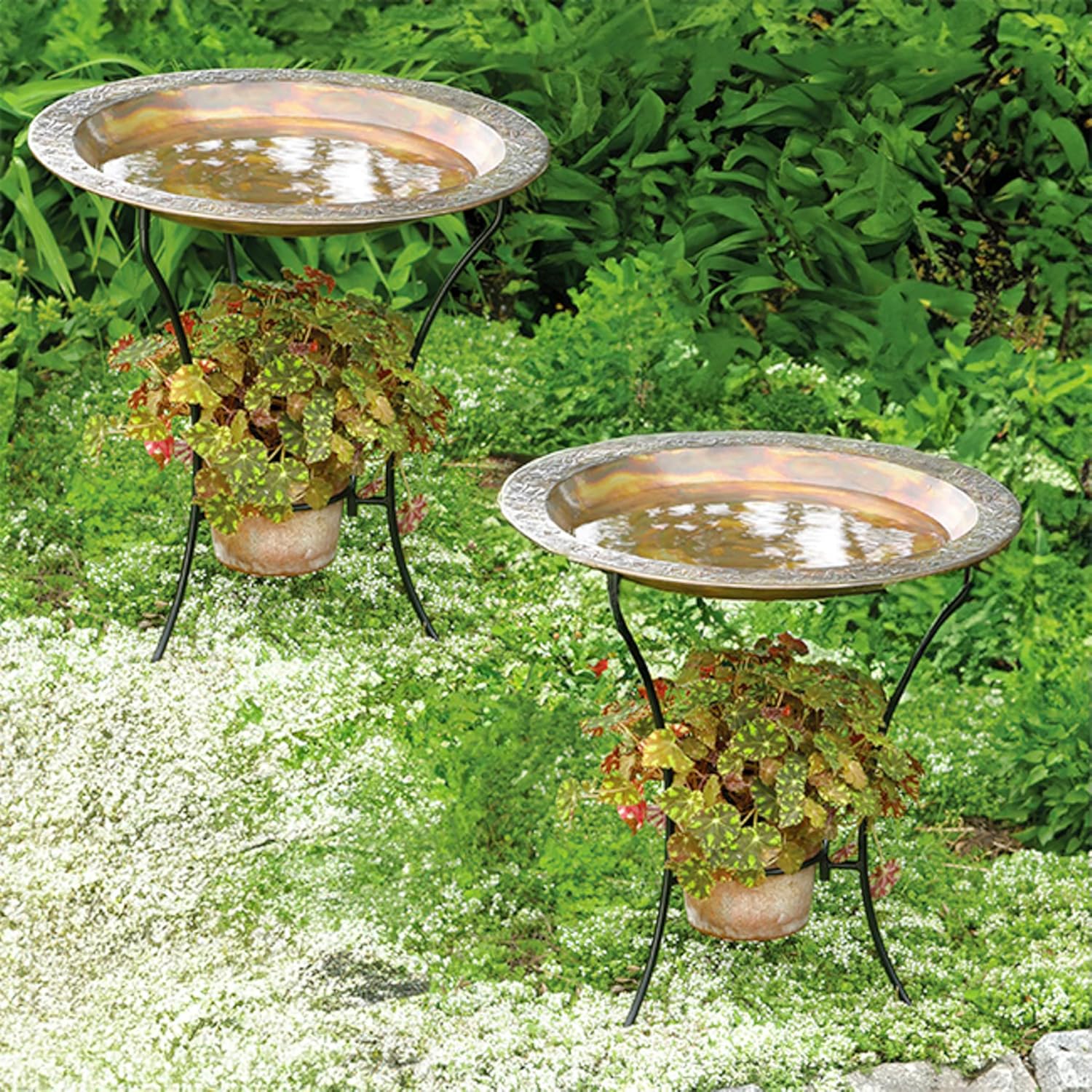 Ancient Graffiti Steel Bird Baths & Stands, Pack of 2 | Copper-Colored Metal Birdbaths with Ornate Rims & Black Steel Stands | 16.5" Basins, Stable Ring Support, Outdoor Garden Bird Bath Set