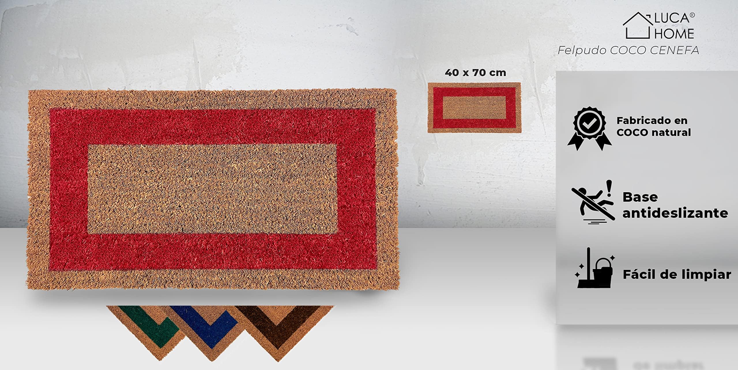 LUCA HOME - Felpudo Entrada casa - Felpudo Fibra de Coco Natural Antideslizante - Original y Elegante - Exterior e Interior - Resistente para hogar, Oficina, terraza y jardín (Rojo, 80 x 140 cm)