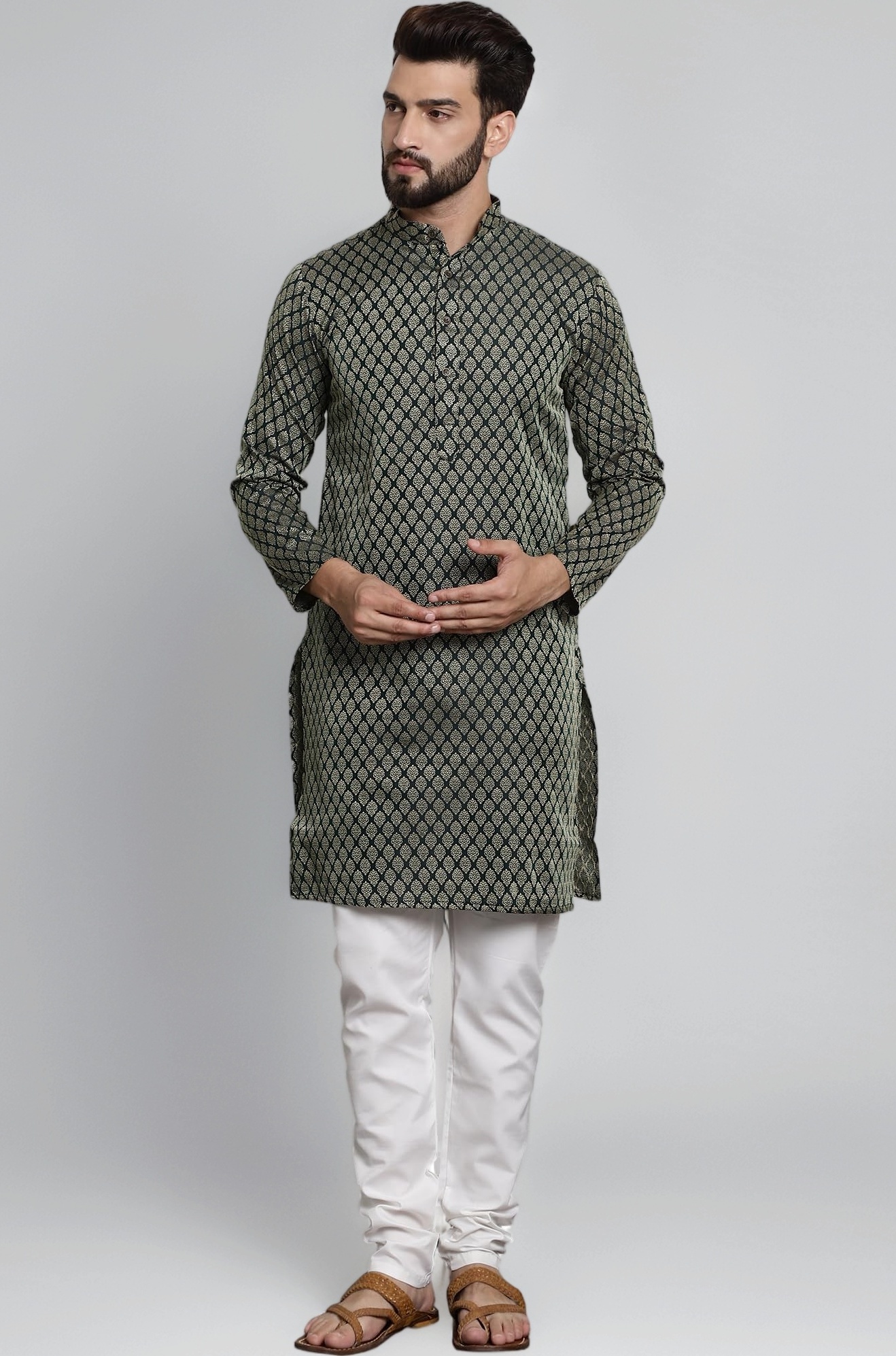 SOJANYA(Since 1958 Men’s Silk Blend Paisley Design Kurta & Off-White Churidar Pyjama Set