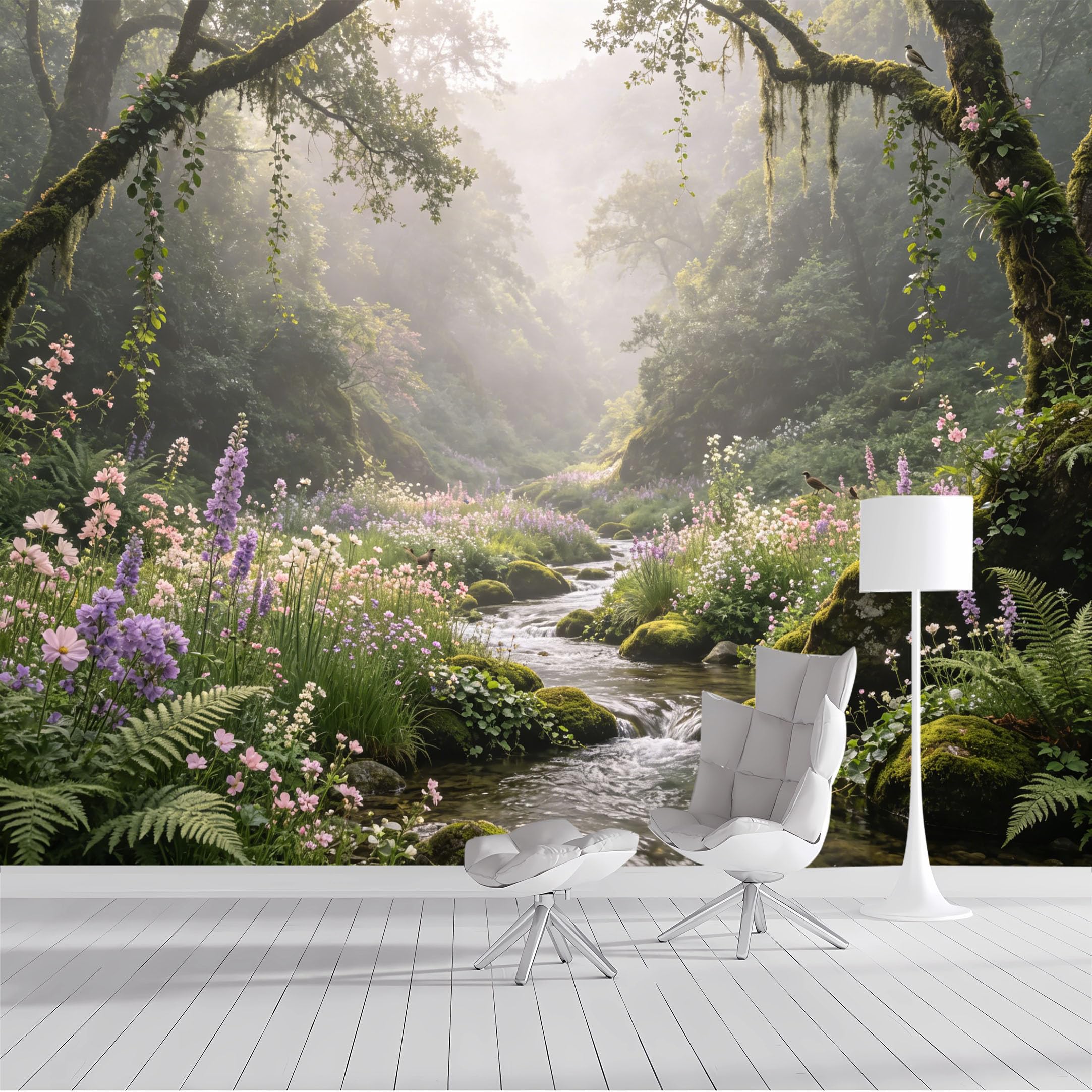 Custom Size Wall Mural Enchanted Forest Stream Fantasy Lush Botanical Floral Watercolor SelfAdhesive Wall Fabric Removable Peel and Stick Wallpaper for Living Room Bedroom Bathroom