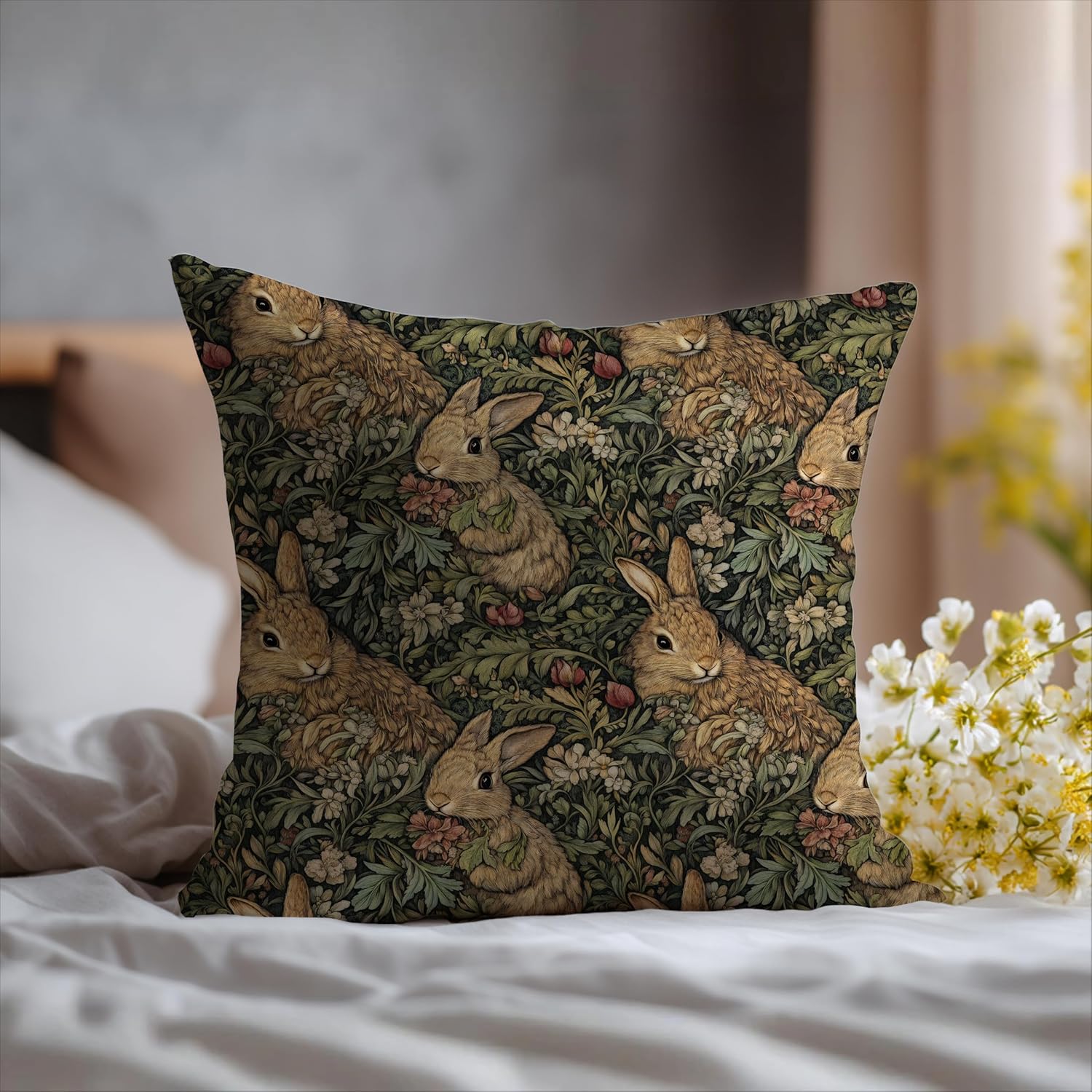 Vintage Rabbit Floral Pillow Covers 18x18 Double-Sided,Dark Cottagecore William Morris Bunny Decorative Throw Pillow Covers for Home Living Room Bedroom - Image 6