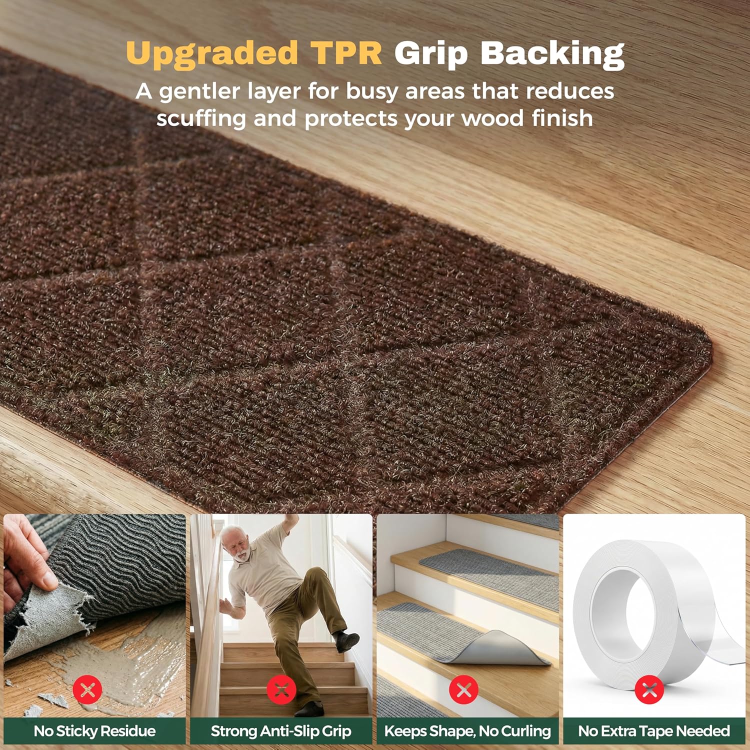 MBIGM 8" X 30" (15 in Pack) Non-Slip Carpet Stair Treads Non-Skid Safety Rug Slip Resistant Indoor Runner for Kids Elders & Pets with Reusable Adhesive - Brown Diamond Weave