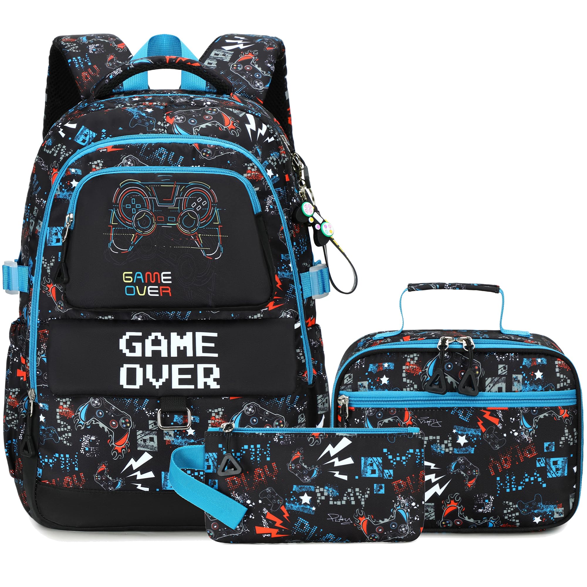 Makukke Schulrucksack Set für Teenager Jungen, Gamer Schultaschen mit Brotdose und Federmäppchen, Geschenke Coole Schulranzen für Grund und Mittelschüle