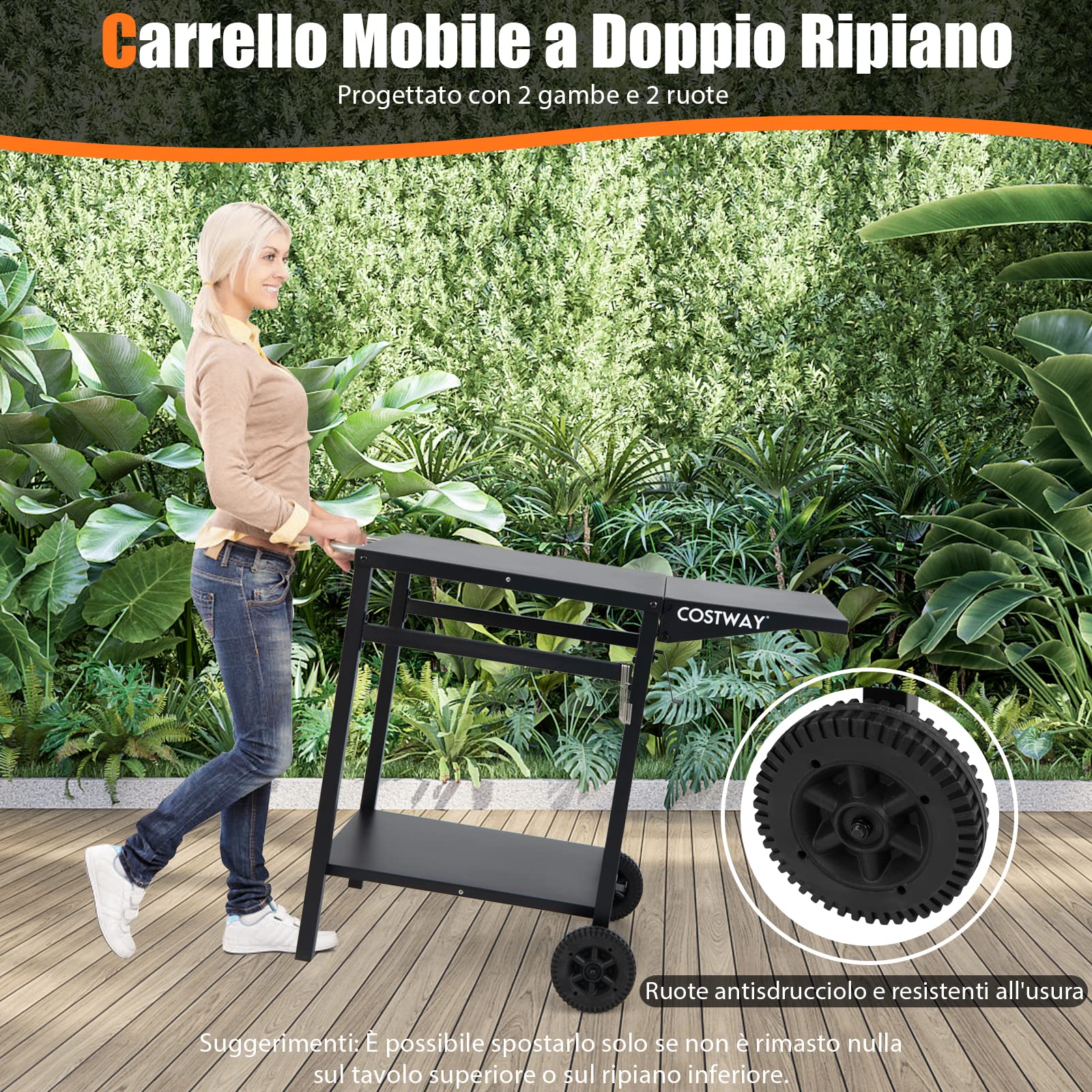COSTWAY Carrello per Barbecue, Carrello di Servizio con Ruote e 4 Ganci, Pannello Laterale Pieghevole, Carrello Cucina Multiuso per Forno da Pizza, per Casa Cortile Patio e Giardino