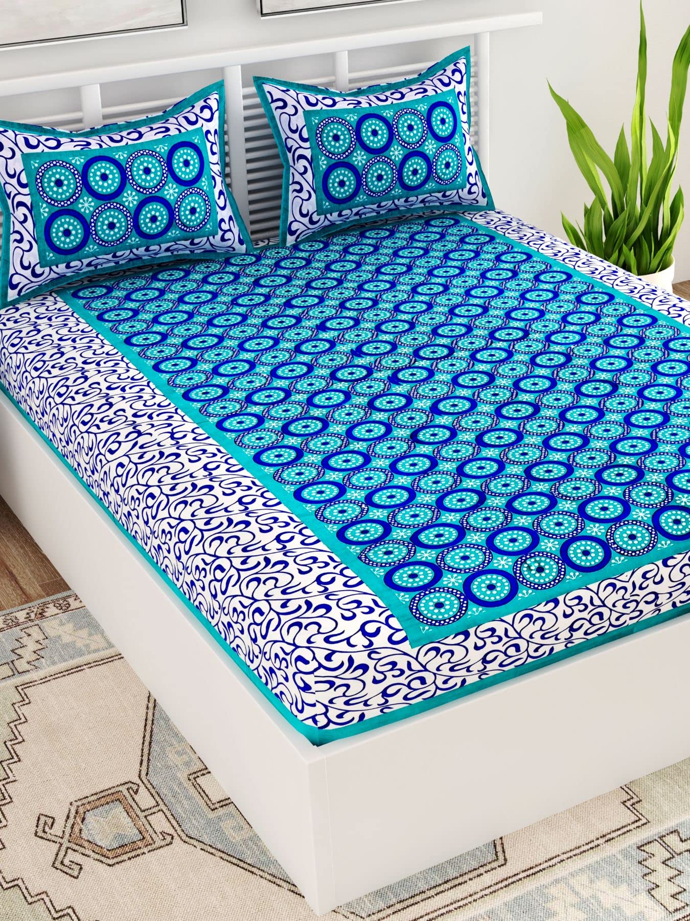 UniqChoice Turquoise Color Rajasthani Traditional Printed 120 TC 100% Cotton Double Bedsheet with 2 Pillow Cover,UCBD105 1