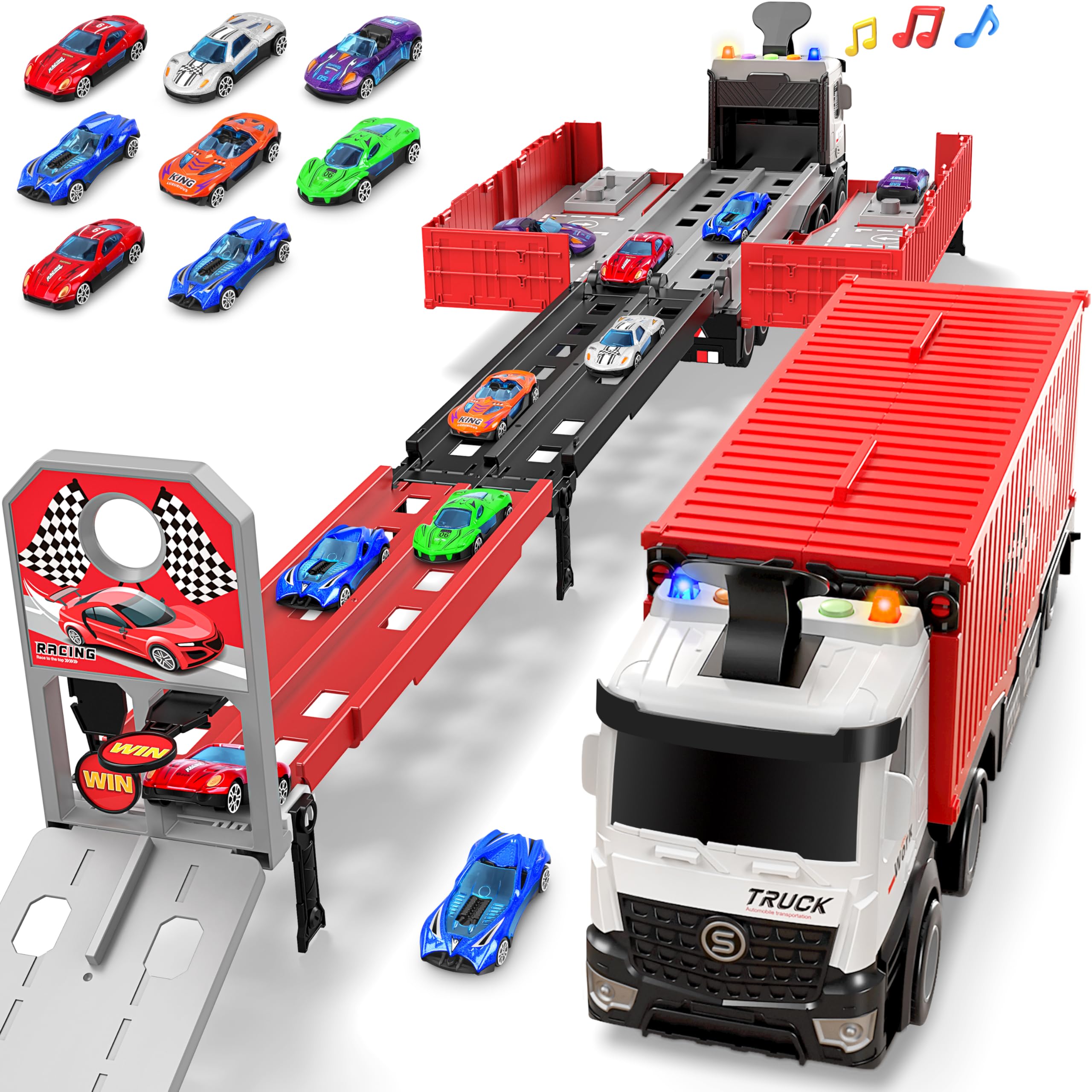 Carrier Truck Race Track Kids Toys, Foldable 3 Layer Toddler Track Playset, Toy Truck Transport Car Carrier & 8 Race Cars, Truck Car Toddlers Toys Xmas Gifts for Age 3 4 5 6+ Years Old Boys Girls