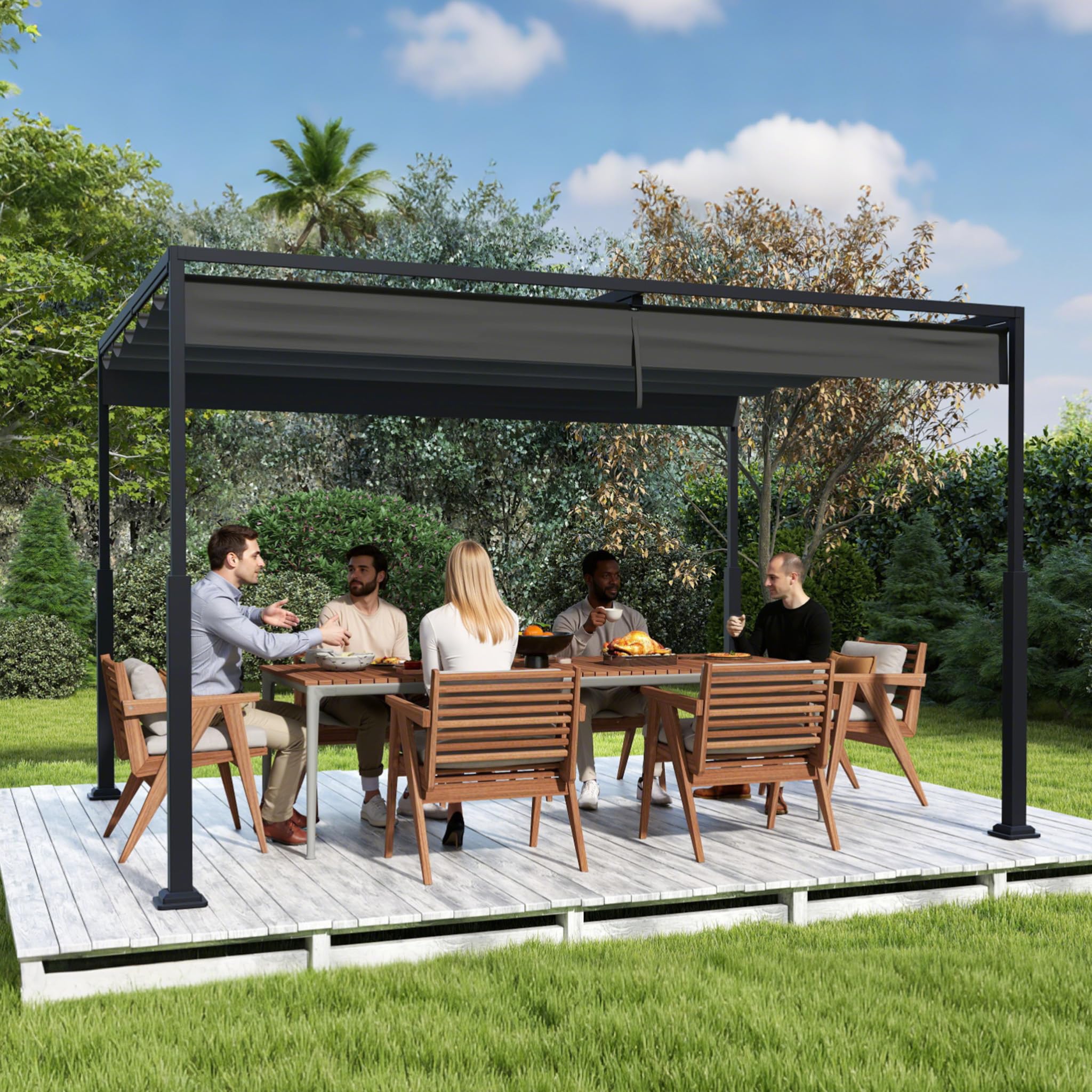 UISEBRT Pergola métallique 3x4 m étanche stable Résistante à l'hiver, pavillon avec toit à lamelles, abris de jardin autoportant avec toit coulissant, protection solaire pour jardins et terrasses