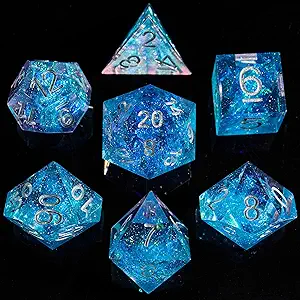 Fugacity DND Dice Set,Handmade Sharp Edge 7 Piece Resin Dice-Dungeons and Dragons Polyhedral Dice Set, D&D Dice Set with Gift Dice Case for RPG MTG Table Games (Lighning Blue)