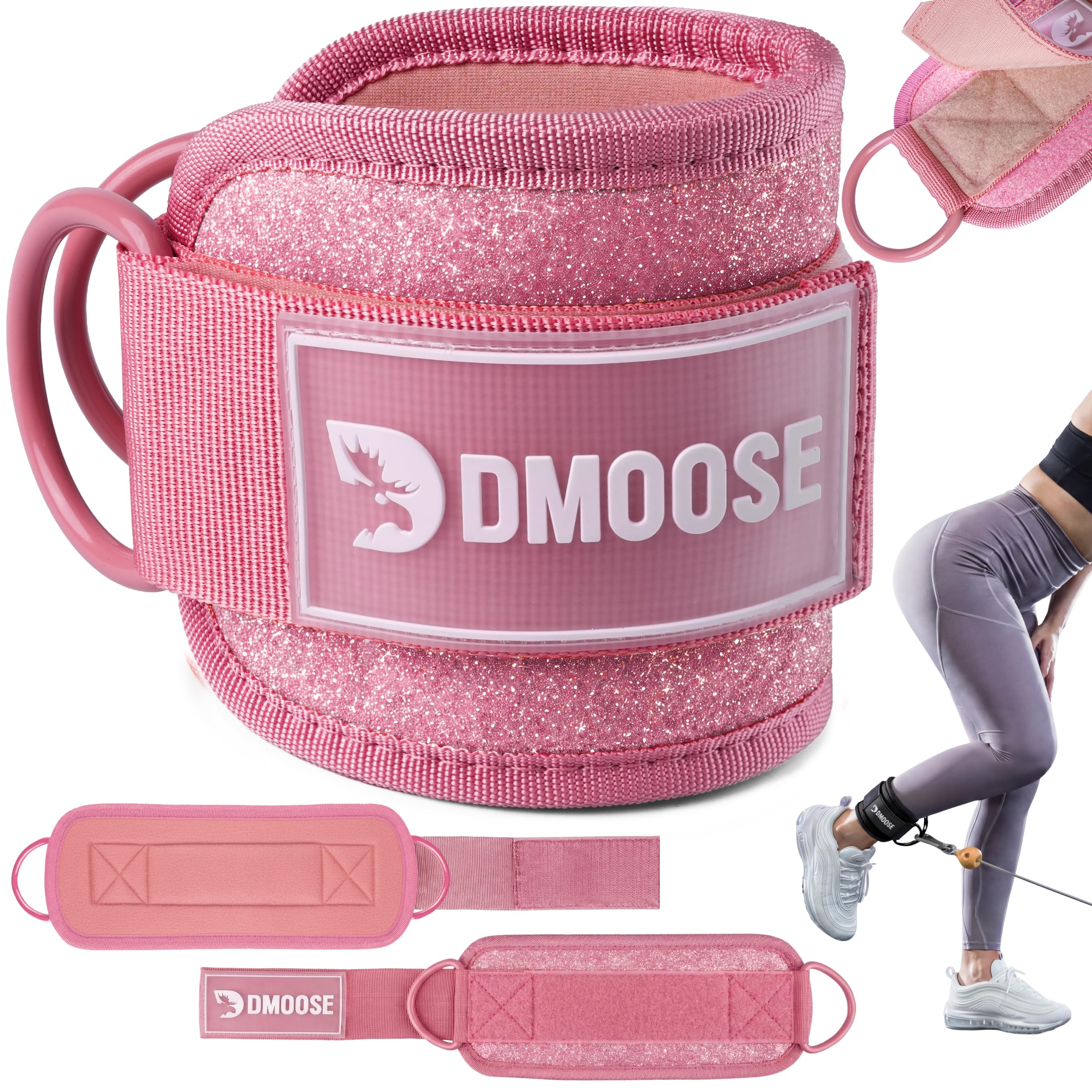 DMoose Fitness Ankle Straps for Cable Machines - One Size Fit with Premium Padding, Glute Kickback Ankle Strap for Women & Men, Cable Attachments for Gym, Booty Workouts (Glitter Pink - Single)