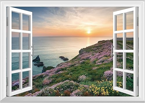 FLFK Adhesivo de pared falso para ventana, atardecer sobre el mar, mural de pared para decoración de pared, calcomanías de pared para pegar y disponible en Yaxa Costa Rica