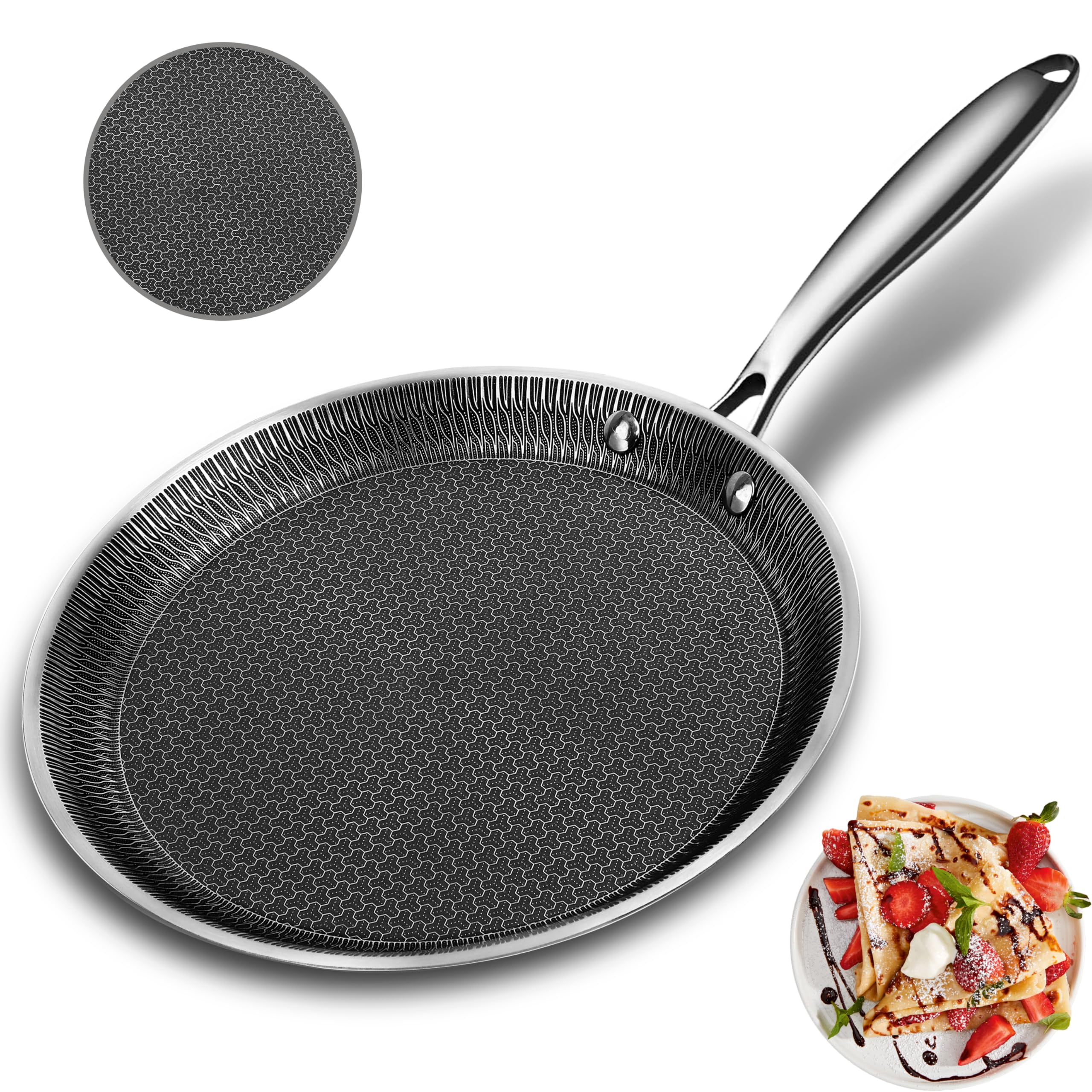 Poêle à Crêpes Innerwell 26cm Antiadhésive - Acier Inoxydable, Revêtement Nid D'Abeille, Compatible Induction