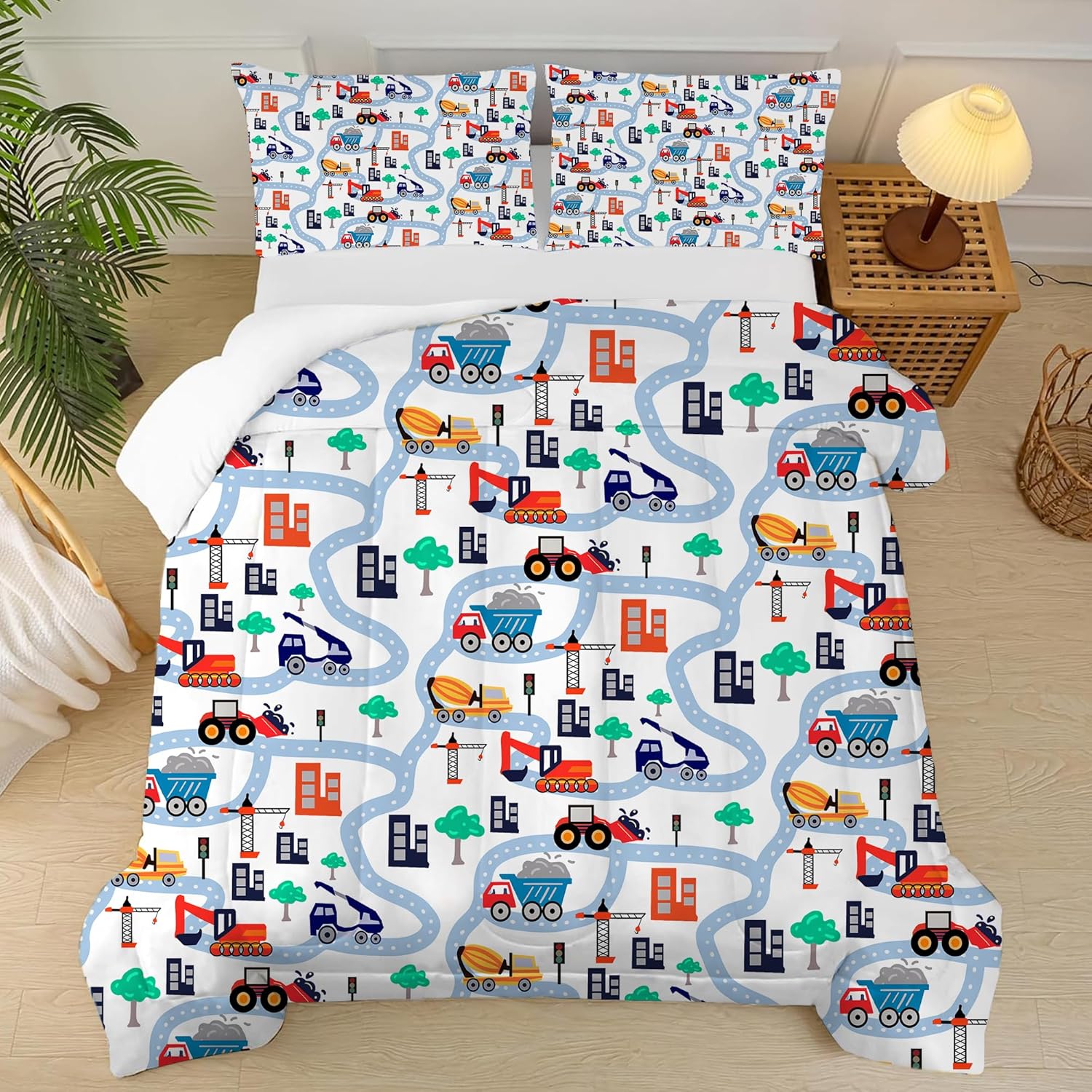 Cartoon Truck Comforter Set Twin: Construction Bedding Set for Boys Kids Children Bedroom Dorm White Cute Cars Quilt 1 Comforter + 1 Pillow Case