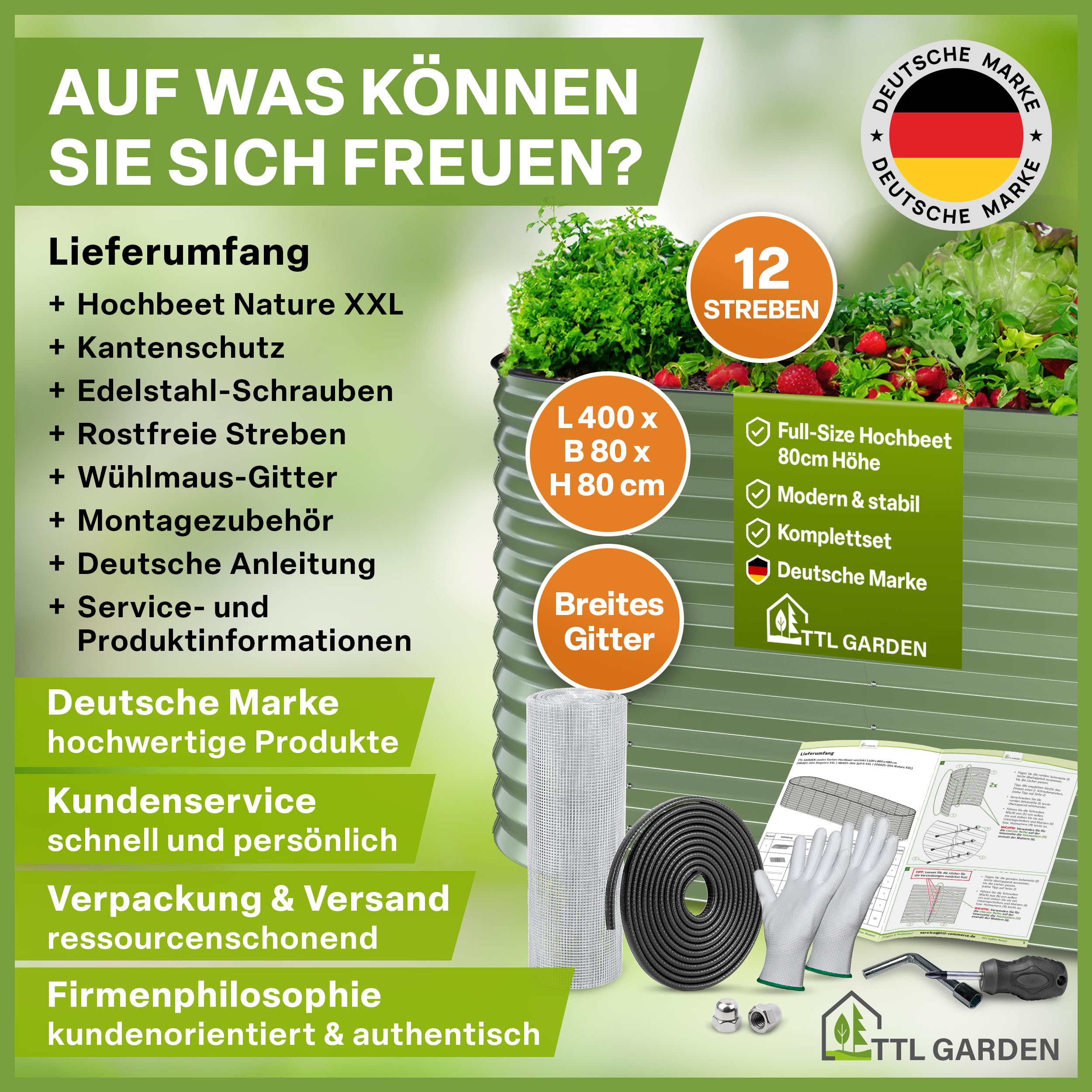 TTL GARDEN 400x80x80cm Nature XXL Metall Hochbeet Salbeigrün Stahl verzinkt | - Rostfrei verzinkt lackiert Wellblech oval 80cm hoch sehr stabil Garten Beet für Gemüse Kräuter Blumen Gartenbeet Gemüsebeet