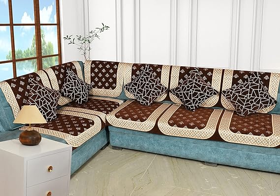 Dazzling Decor Velvet L Shape Sofa Covers Set With 5 Cushion Covers - Premium 6 Seater Sofa Slip Protector Covers for Living Room Decor - Heavy Fabric Slip Protector Protector for Long Couch, Brown_1296