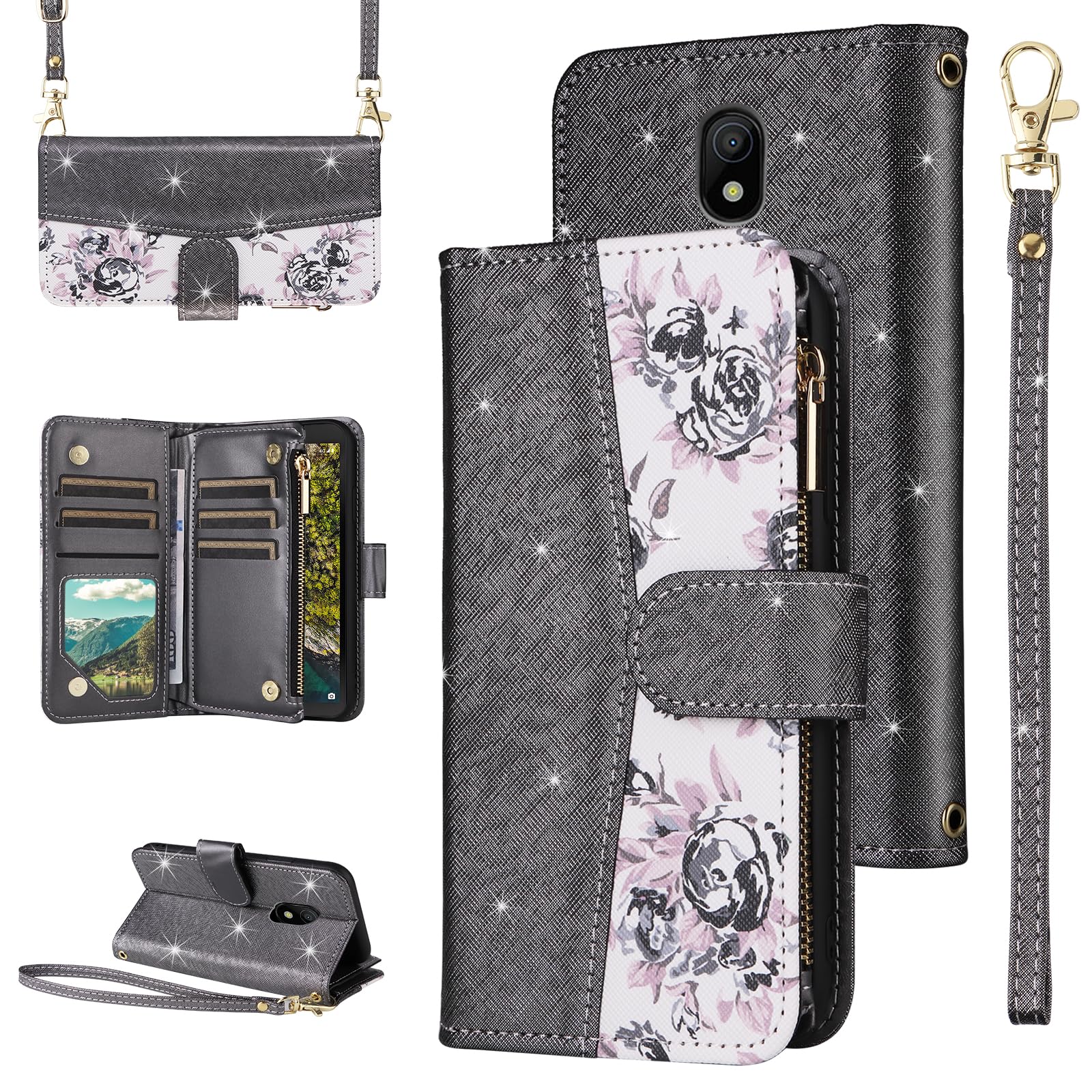 Furiet for Nokia C100 4G LTE N152DL Floral Wallet Case Flip Zipper Purse Wrist Strap Shoulder Strap, Luxury Glitter PU Leather Card Holder Stand Phone