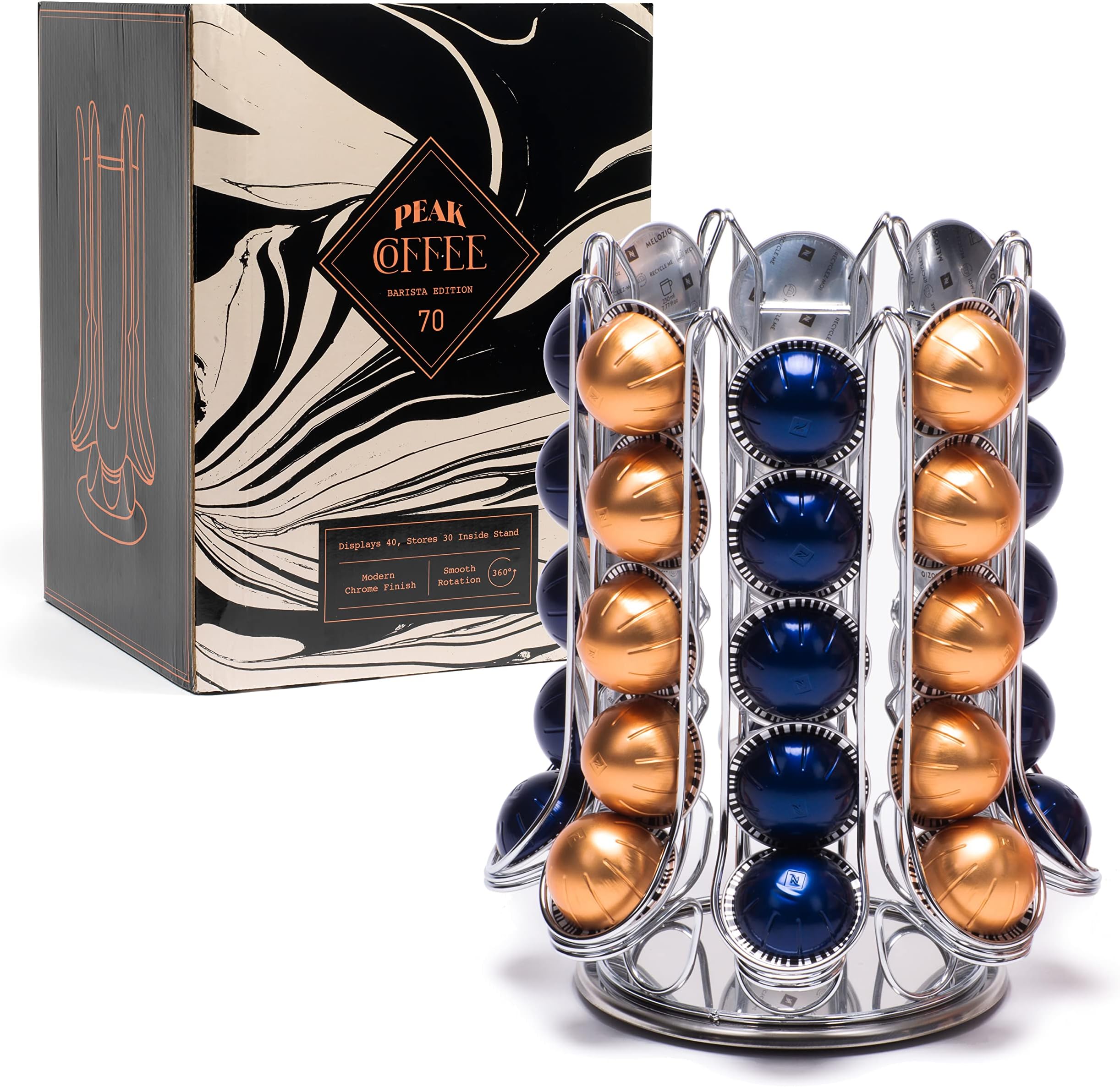 Peak Coffee Capsule Holder for 70 Nespresso Vertuo Vertuoline Pods - 40 Displayed on Outer with 30 Inside Carousel – Capsules Pod Storage Organiser 360° Rotating Rack Stand – Chrome