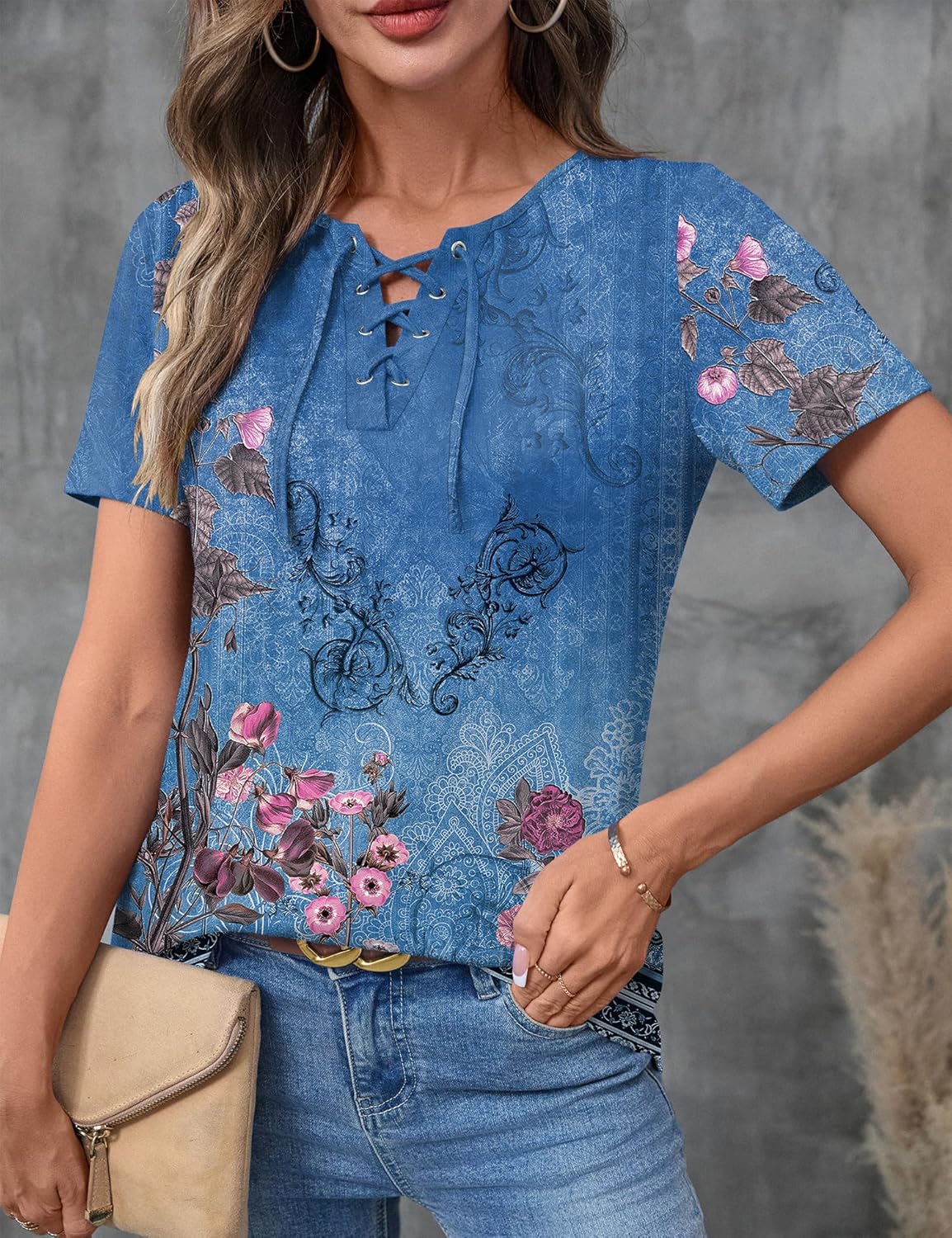 LOMON Womens Criss Cross Short Sleeve T-Shirts V-Neck Floral Summer Blouse Tops - Image 3