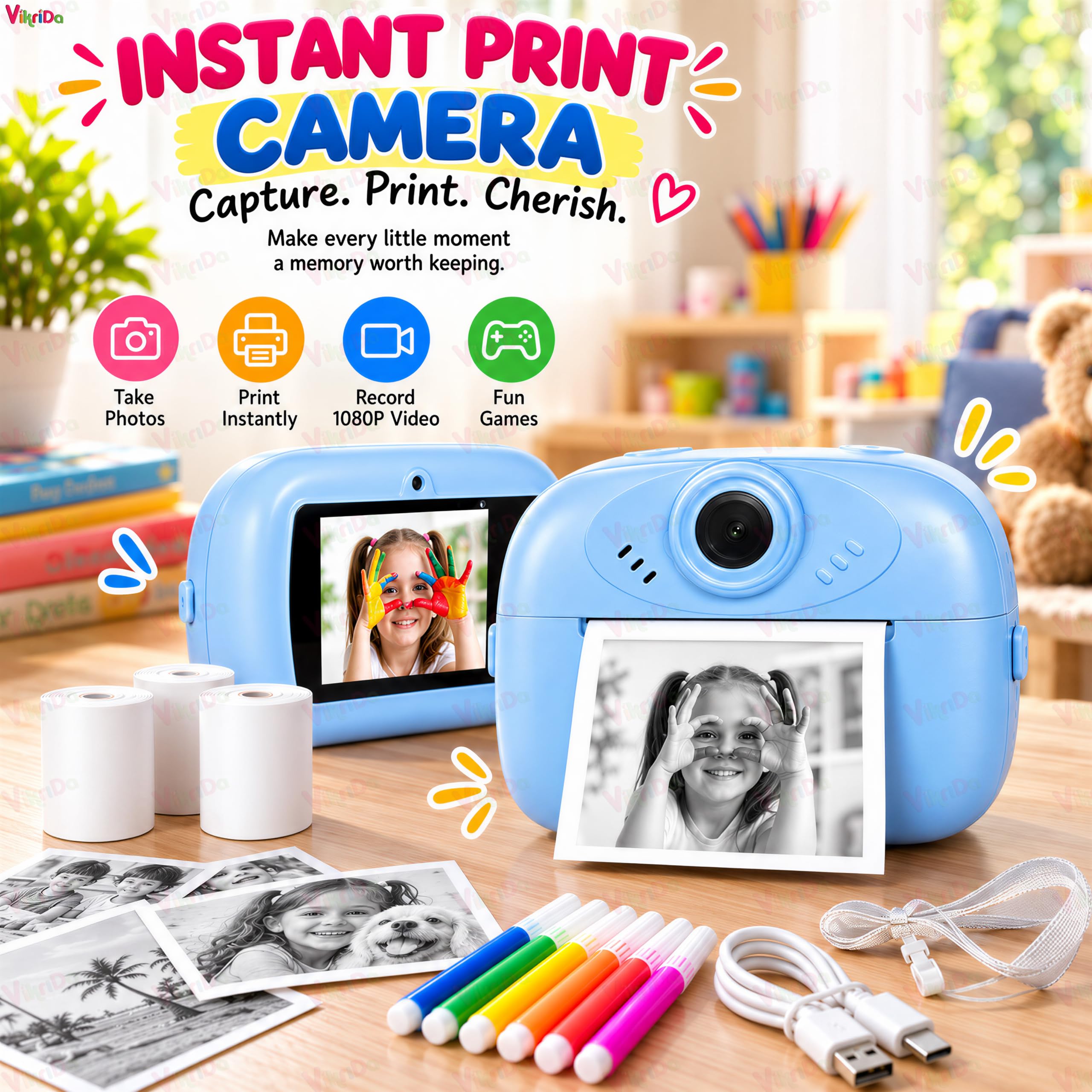 VikriDA Instant Print Camera for Kids | 1080P HD Digital Video Recorder with Built-in Printer | Instant Photo Printing | Multicolour — Amazon image 5
