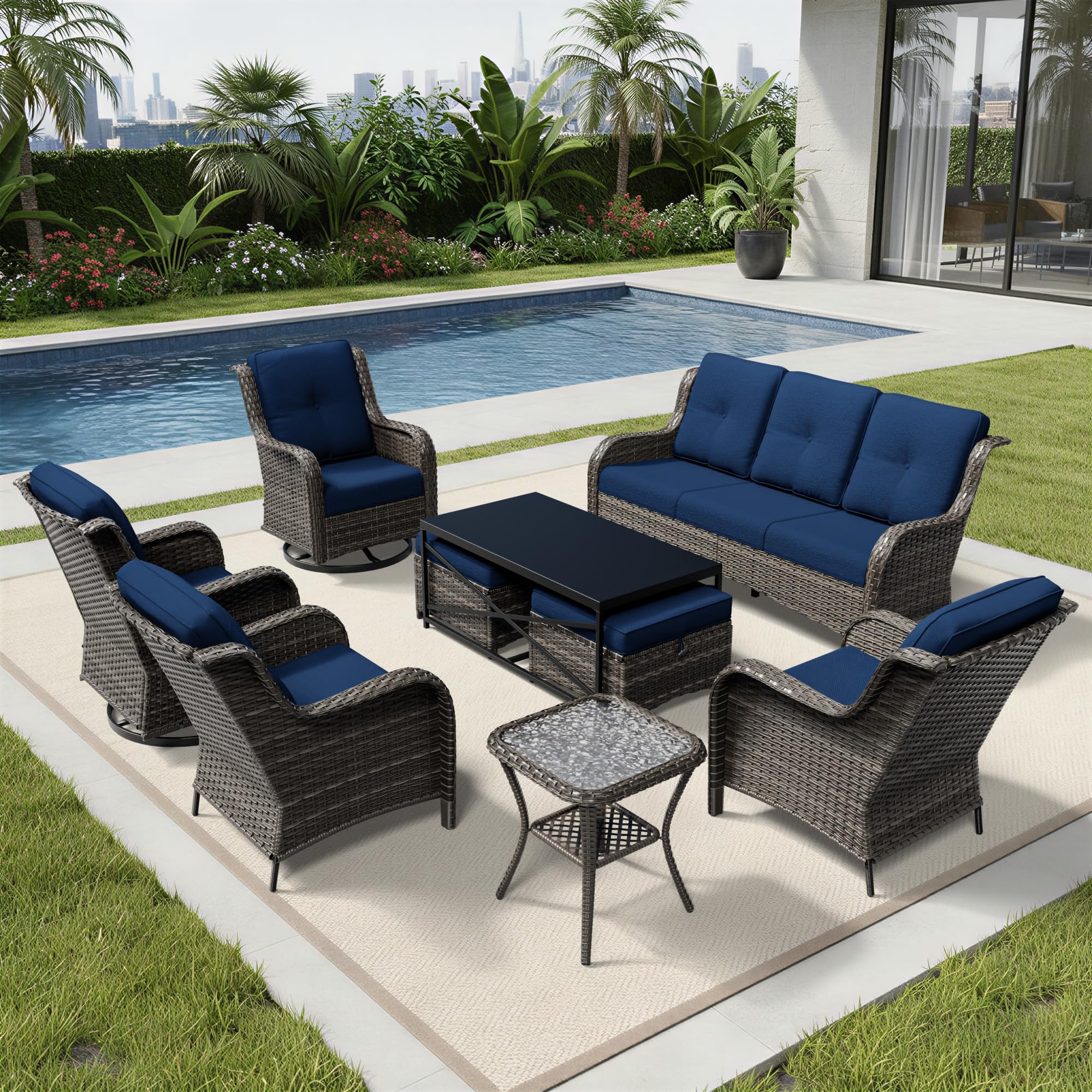 Joyside 9 Piece Wicker Patio Furniture Set, Outdoor Swivel Rocker Patio Chairs with High Back, Deep Seating, Wide Armrest, Thickened Cushions, Outdoor Furniture for Deck, Porch Use