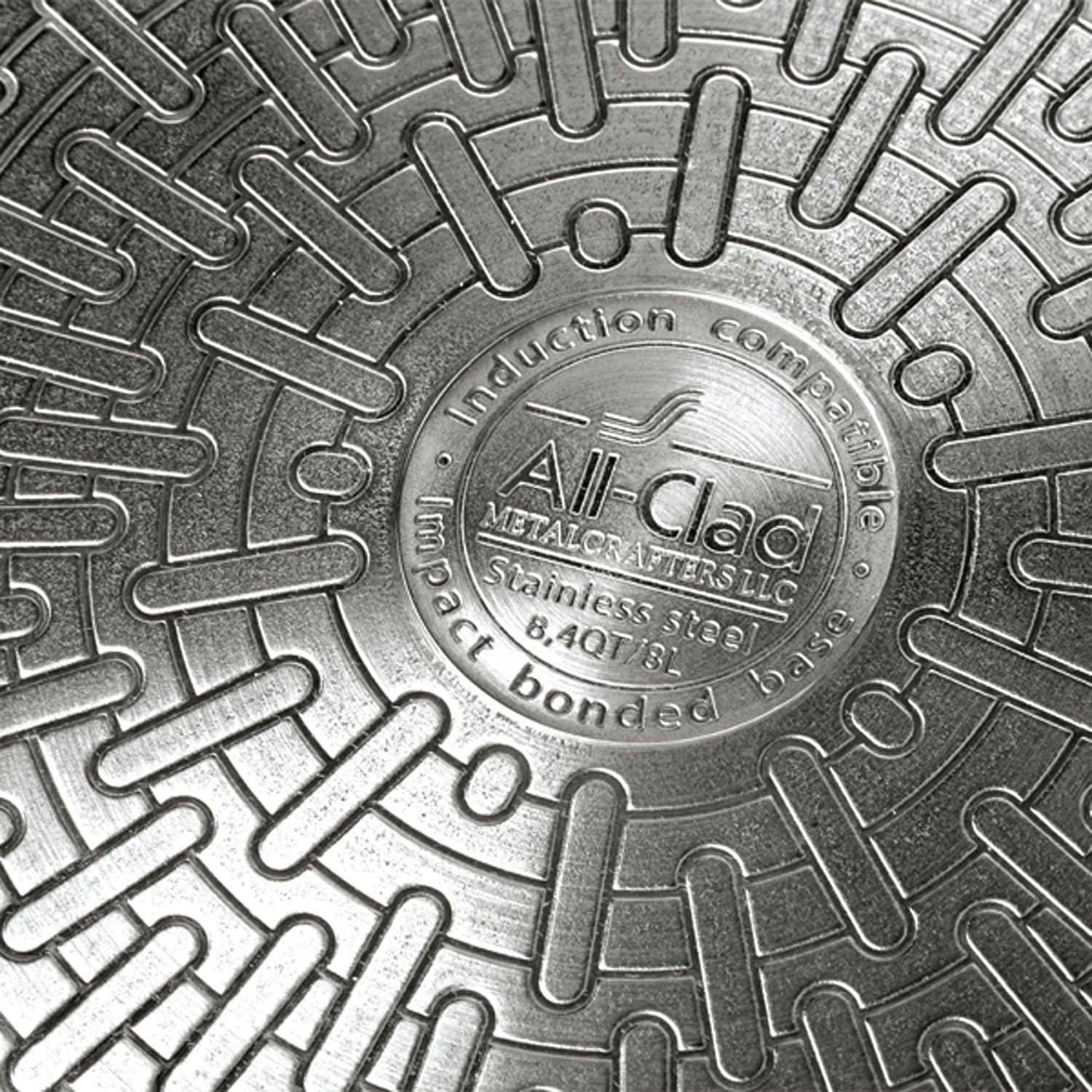 Bottom of All-Clad PC8 pressure cooker showing induction compatible base