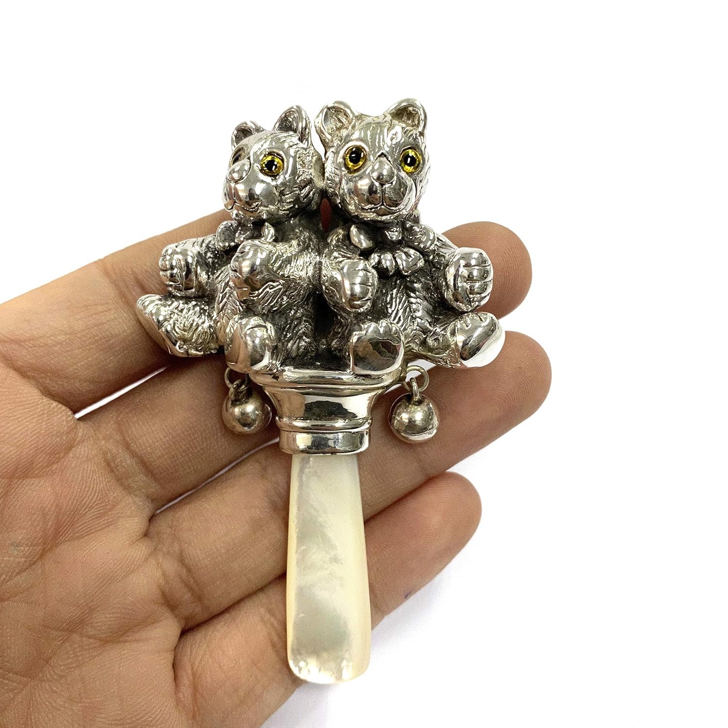 Victorian Style Two Teddy Bear Baby Rattle with Glass Eyes Mother of pearl Handle