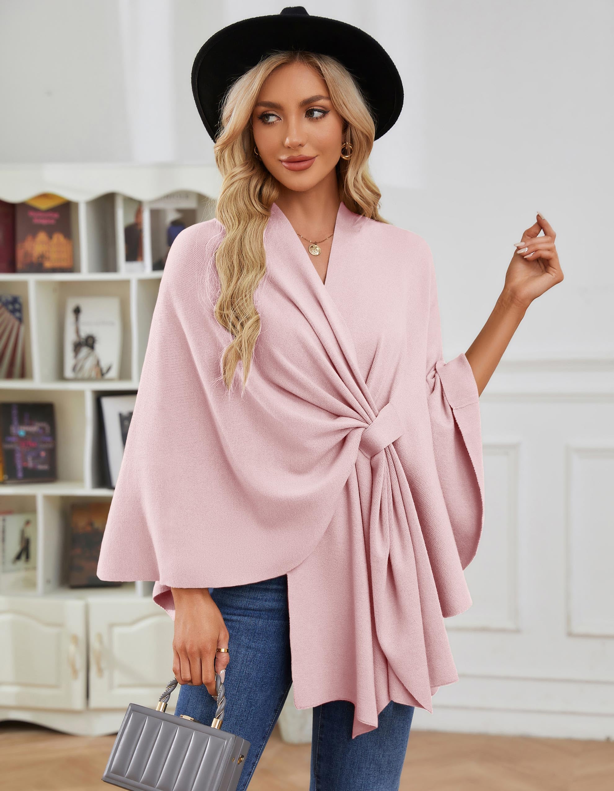 PULI Poncho élégant en tricot pour femme, ouverture sur le devant, polyvalent, avec languette