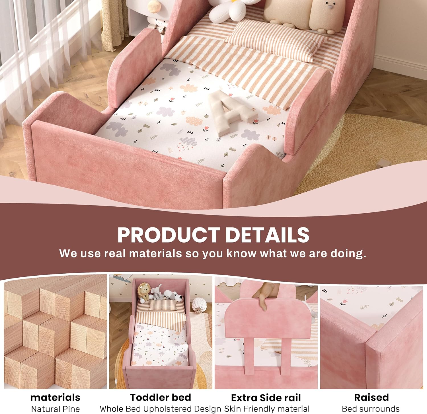 Toddler Bed, Toddler Floor Bed Frame with Guard Rails, Small Bed for Kids Boys and Girls Aged 2-6 Years, Standard Crib Mattress Toddler Beds, Certified Fabric Toddler Beds(Big Pink)