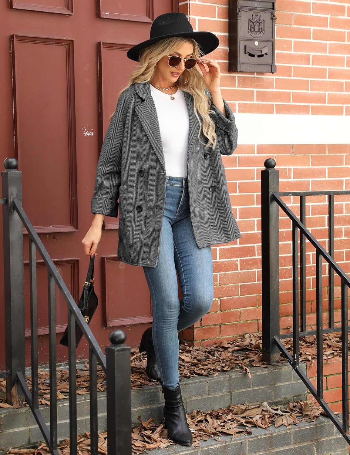 Bankeng Women's Winter Wool Blend Coat Notch Lapel Double Breasted Peacoat Loose Warm Coat Mid-Long Outerwear - Image 6