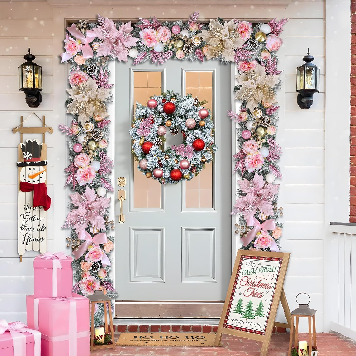 Waipfaru 6FT Christmas Garland with Lights, Pink Christmas Decor, Rose Gold Lighted Flocked Garland with Flower, Berries, Balls, Pinecone, Pink Garlands for Mantle Table Stairs Indoor Outdoor Decor