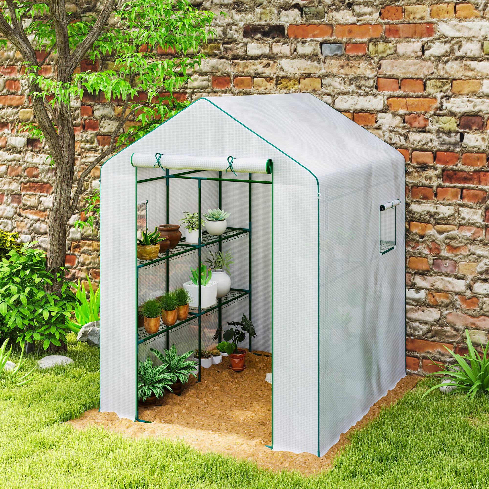 Outsunny Szklarnia ogrodowa Szklarnia na pomidory z 1 drzwiami, 2 oknami, 3-poziomowymi półkami na rośliny kwiaty plandeka PE 140 x 143 x 190 cm biała