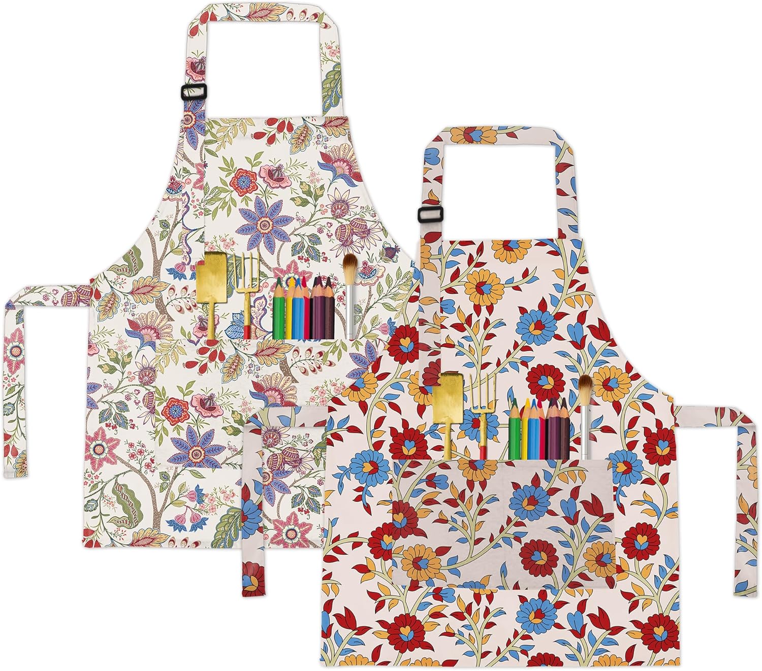 BeeGreen Kids Apron 2 Pack White Grey Floral Kids Painting Aprons with Adjustable Strap & Front Pockets Toddler Aprons for Girls & Boys Artist Smocks for Cooking Baking Kitchen Washable, Medium