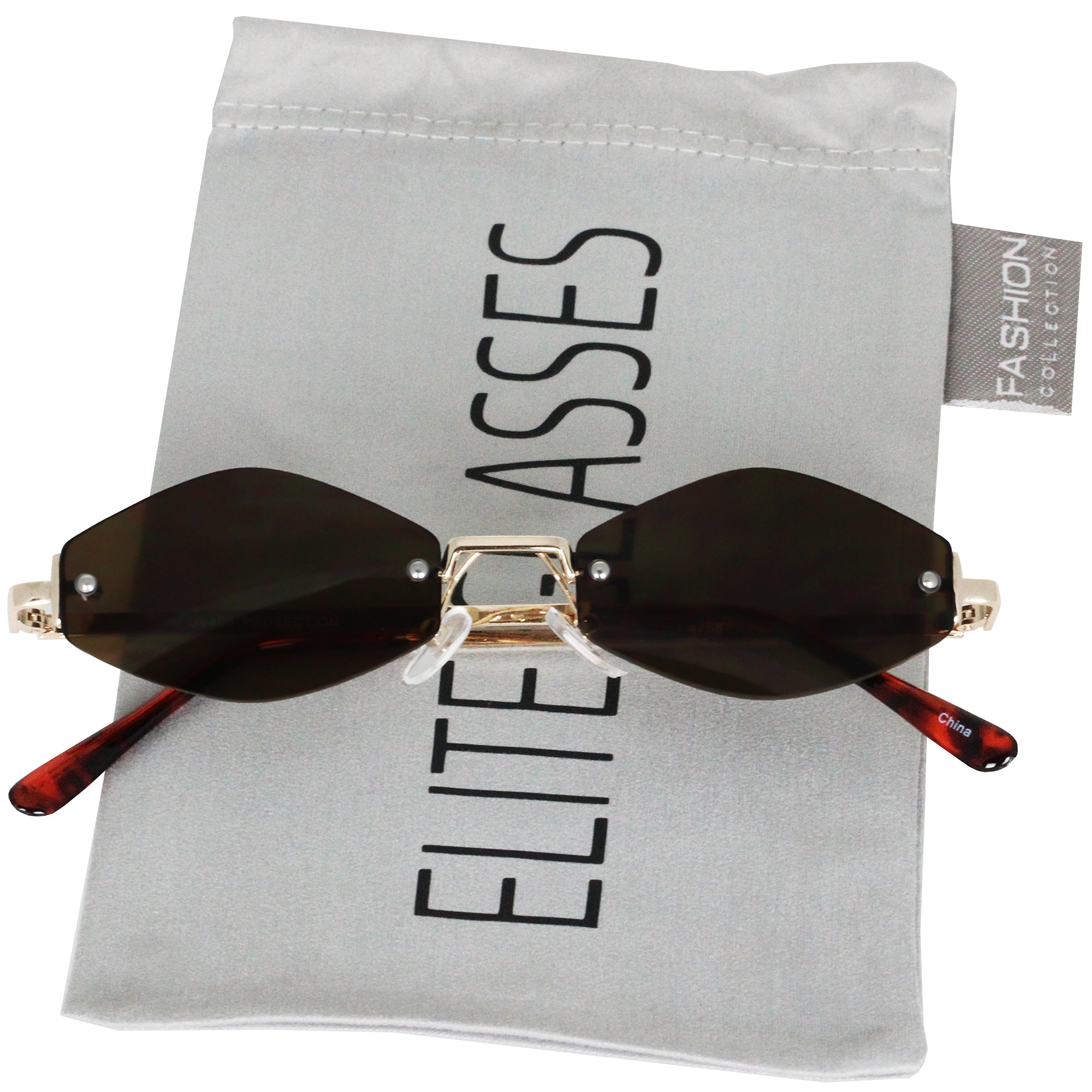 Retro Vintage Small Tiny Narrow Rimless Oval Geometric Gold, Diamond Hexagon Shape Smoke Mirrored and Color Tinted Sun Glasses (Brown)