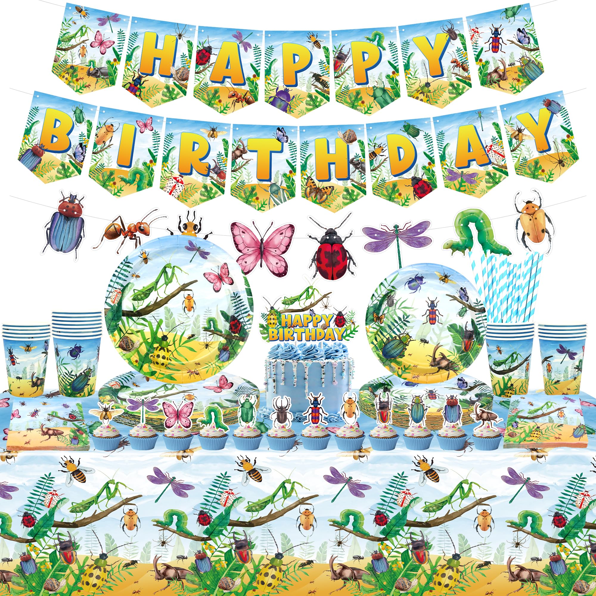 LSJDEER Insect Birthday Party Decorations - Bugs Party Supplies, Plates Cups Napkins Tablecloth Happy Birthday Banner Cake Toppers for Class Office Garden Reptile Baby Shower