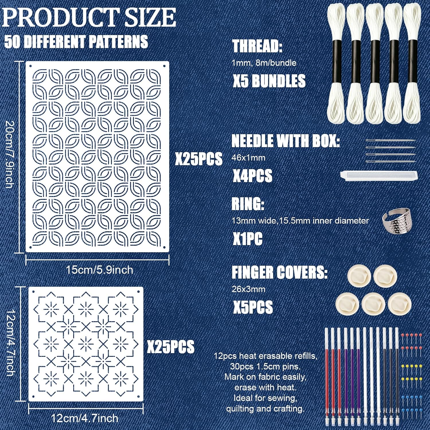50 Pcs Sashiko Stencil Kit, Plastic Geometric Template Pattern