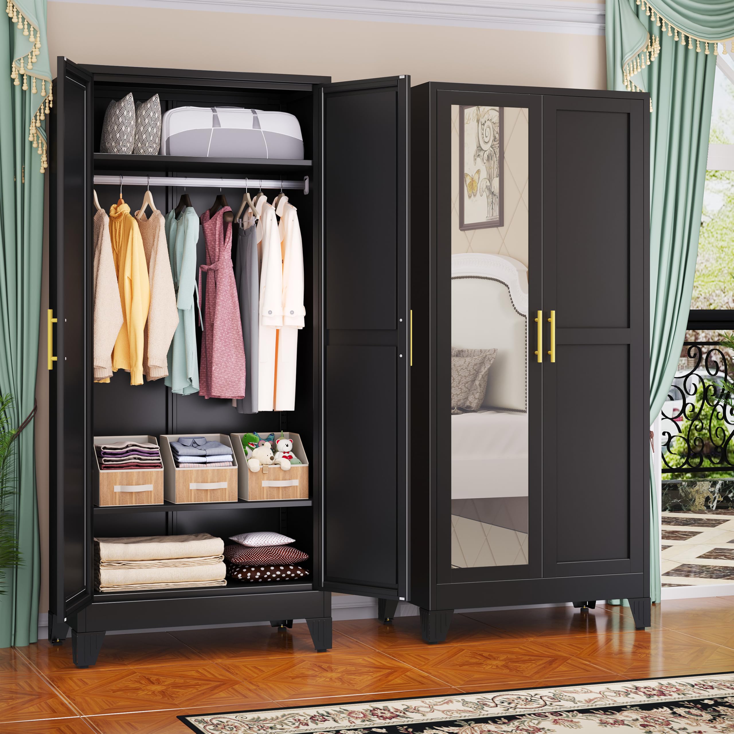 GAIOUS Metal Wardrobe Cabinet with Mirror and Hanging Rod, 71" Black